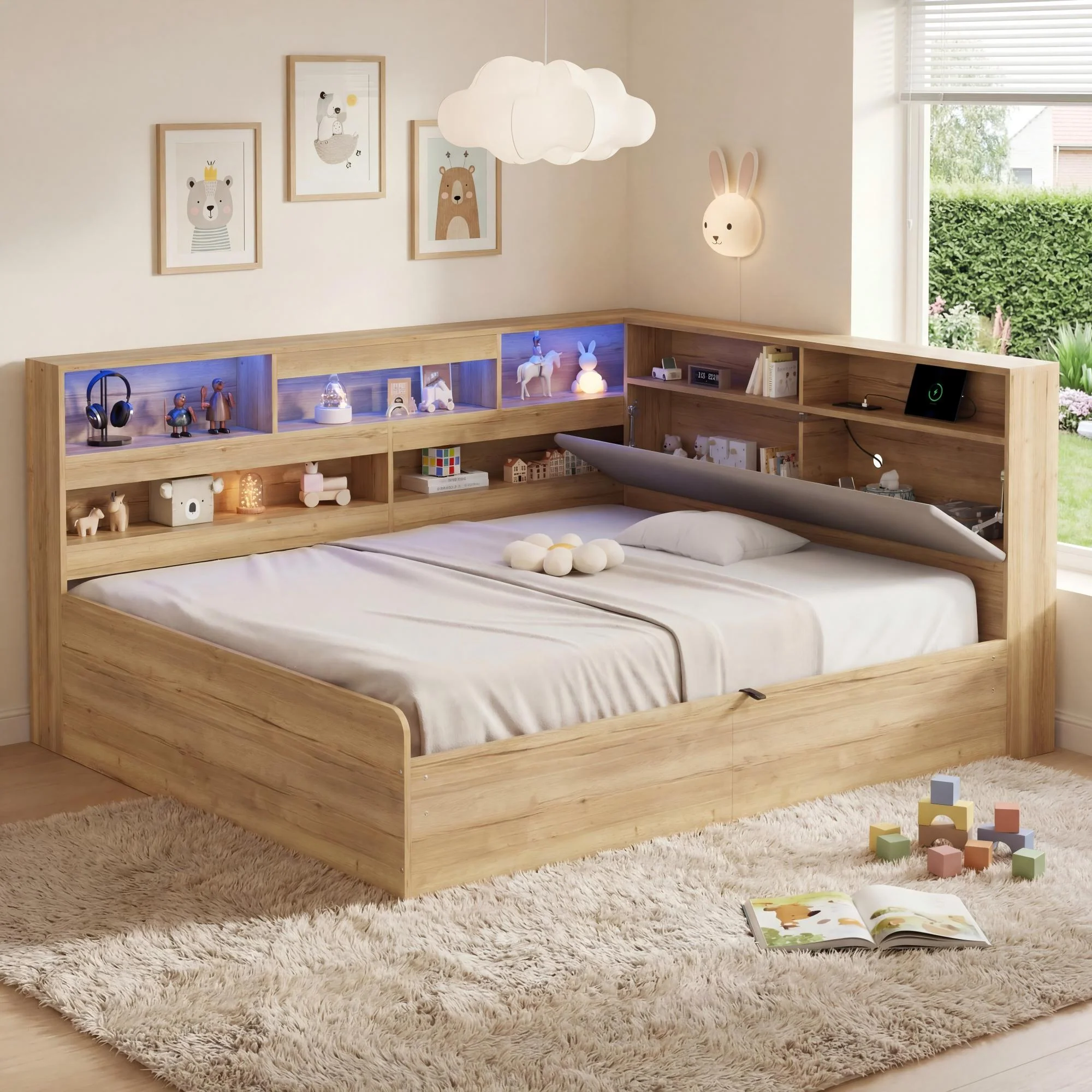 Daybed with Hydraulic Storage, USB Charging and LED Lighting, 140x200cm, Natural Wood - Image 3