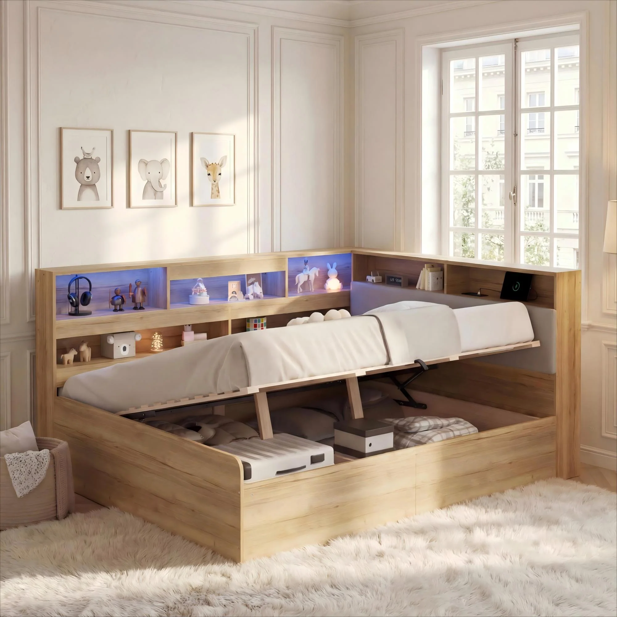Daybed with Hydraulic Storage, USB Charging and LED Lighting, 140x200cm, Natural Wood - Image 4
