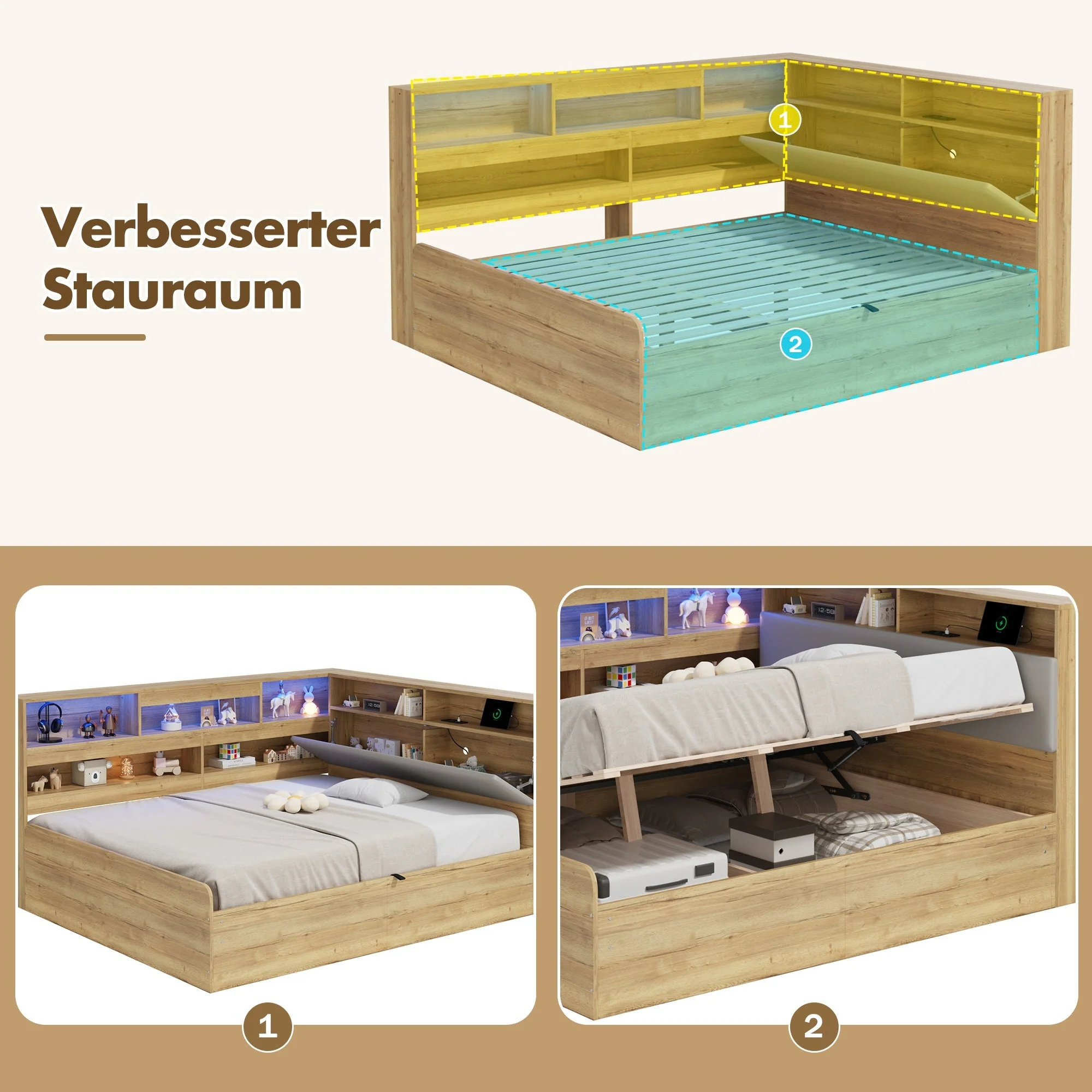 Daybed with Hydraulic Storage, USB Charging and LED Lighting, 140x200cm, Natural Wood - Image 7