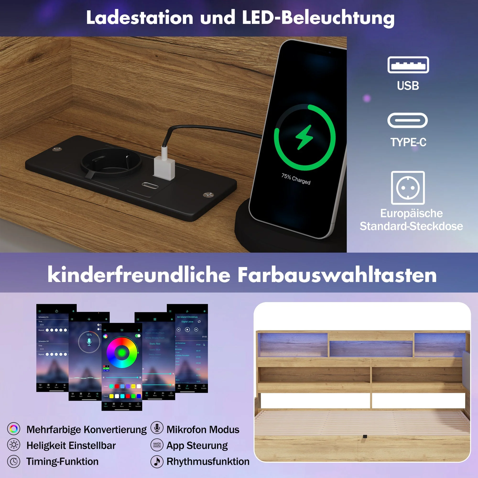 Daybed with Hydraulic Storage, USB Charging and LED Lighting, 140x200cm, Natural Wood - Image 8