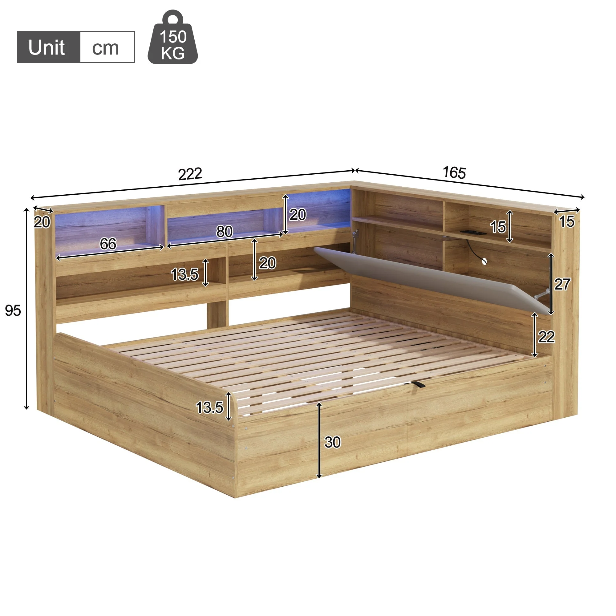 Daybed with Hydraulic Storage, USB Charging and LED Lighting, 140x200cm, Natural Wood - Image 9