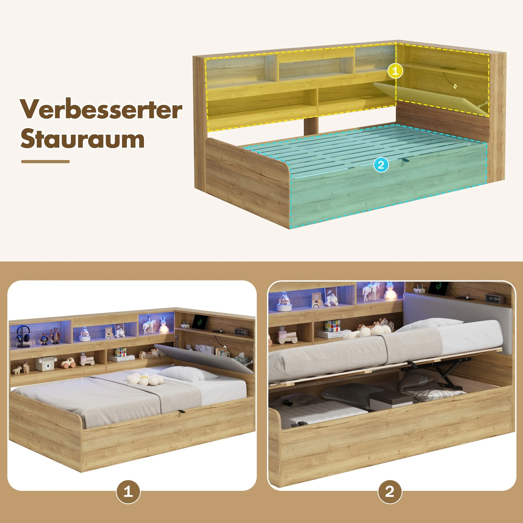Daybed with Hydraulic Storage, USB Charging and LED Lighting, 90x200cm, Natural Wood - Image 6