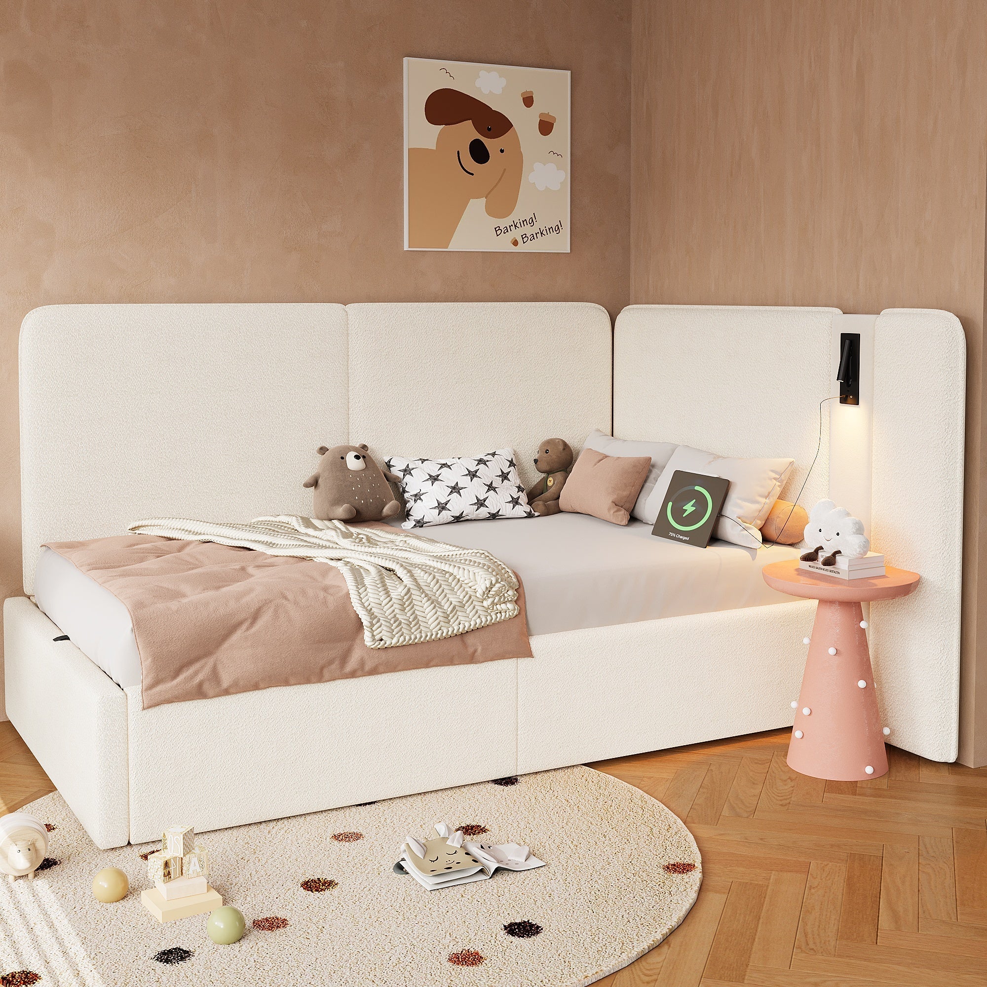 Daybed with Hydraulic Storage, USB Port and Reading Lamp, 90x200cm, Beige Boucle - Image 2
