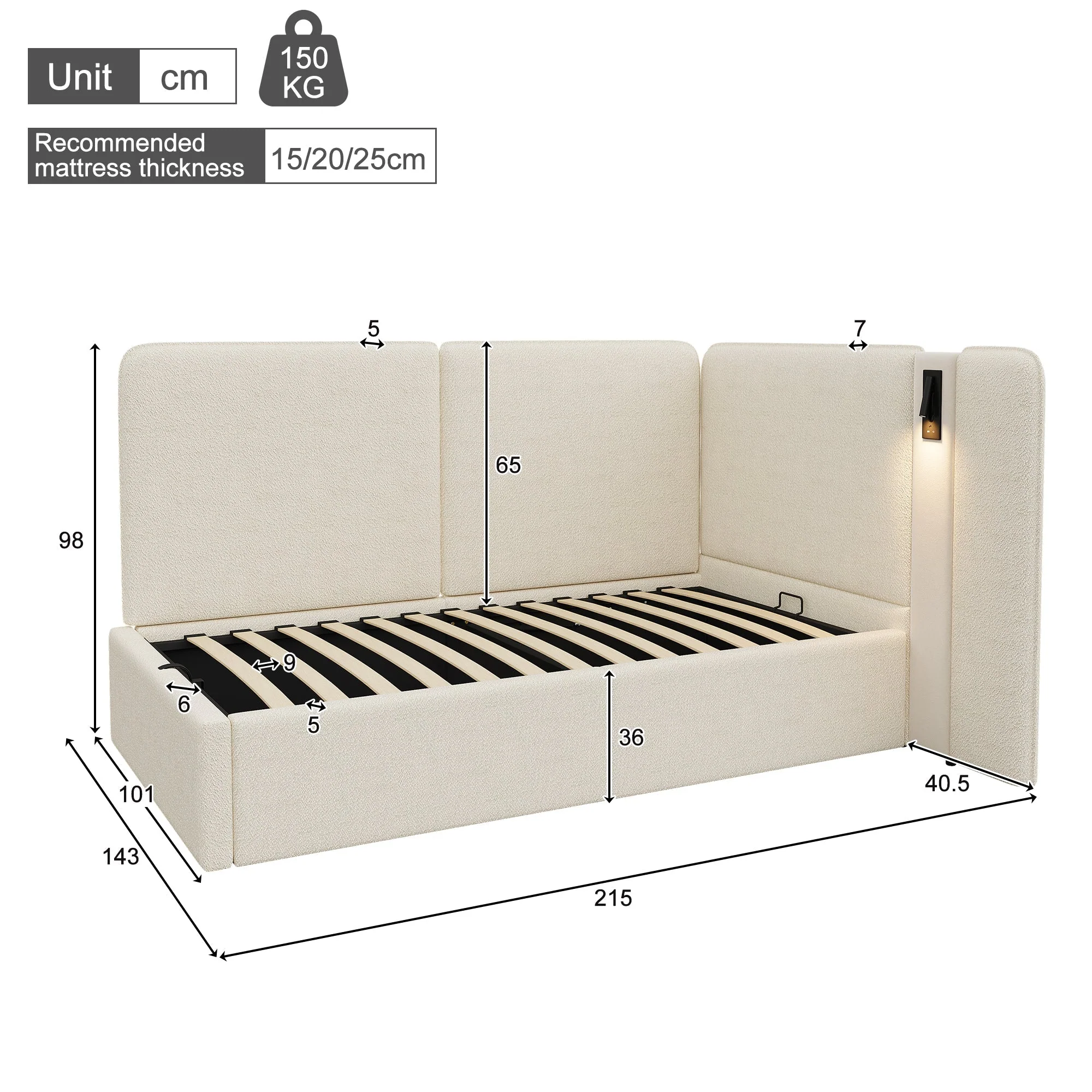 Daybed with Hydraulic Storage, USB Port and Reading Lamp, 90x200cm, Beige Boucle - Image 6