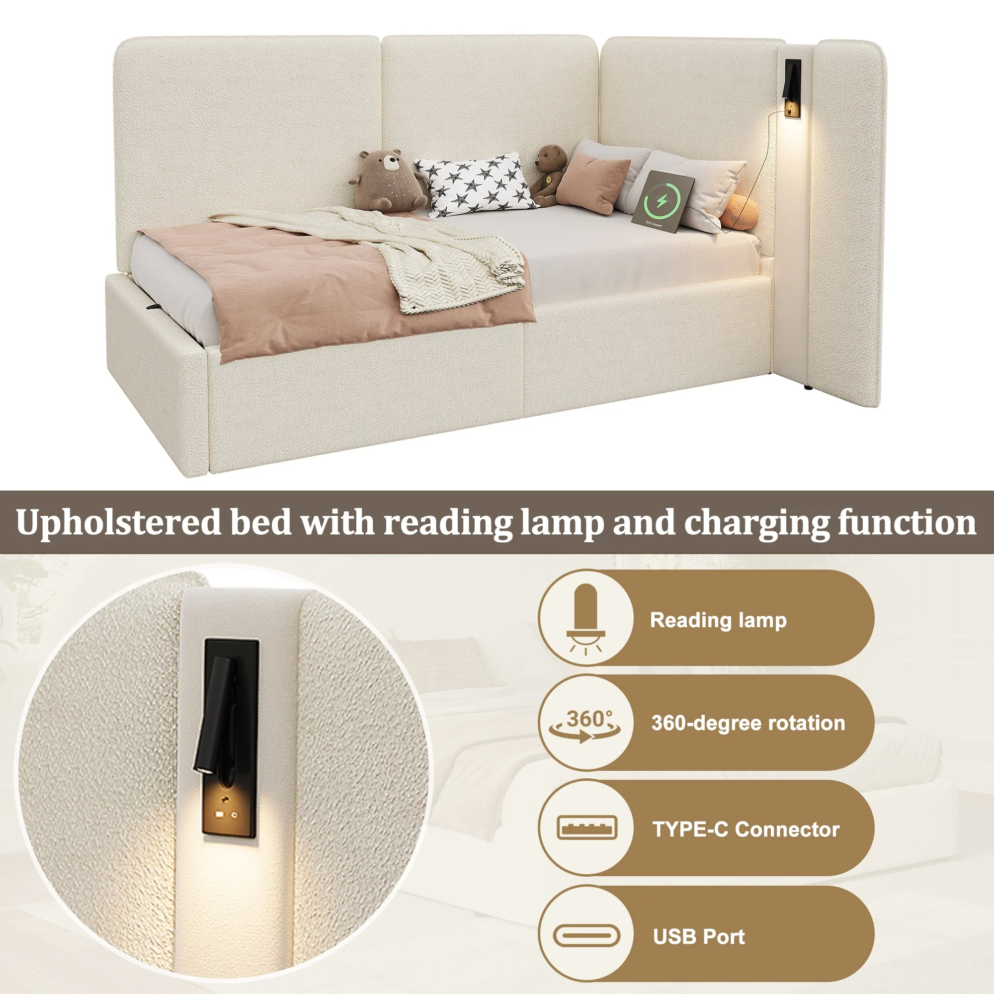 Daybed with Hydraulic Storage, USB Port and Reading Lamp, 90x200cm, Beige Boucle - Image 8