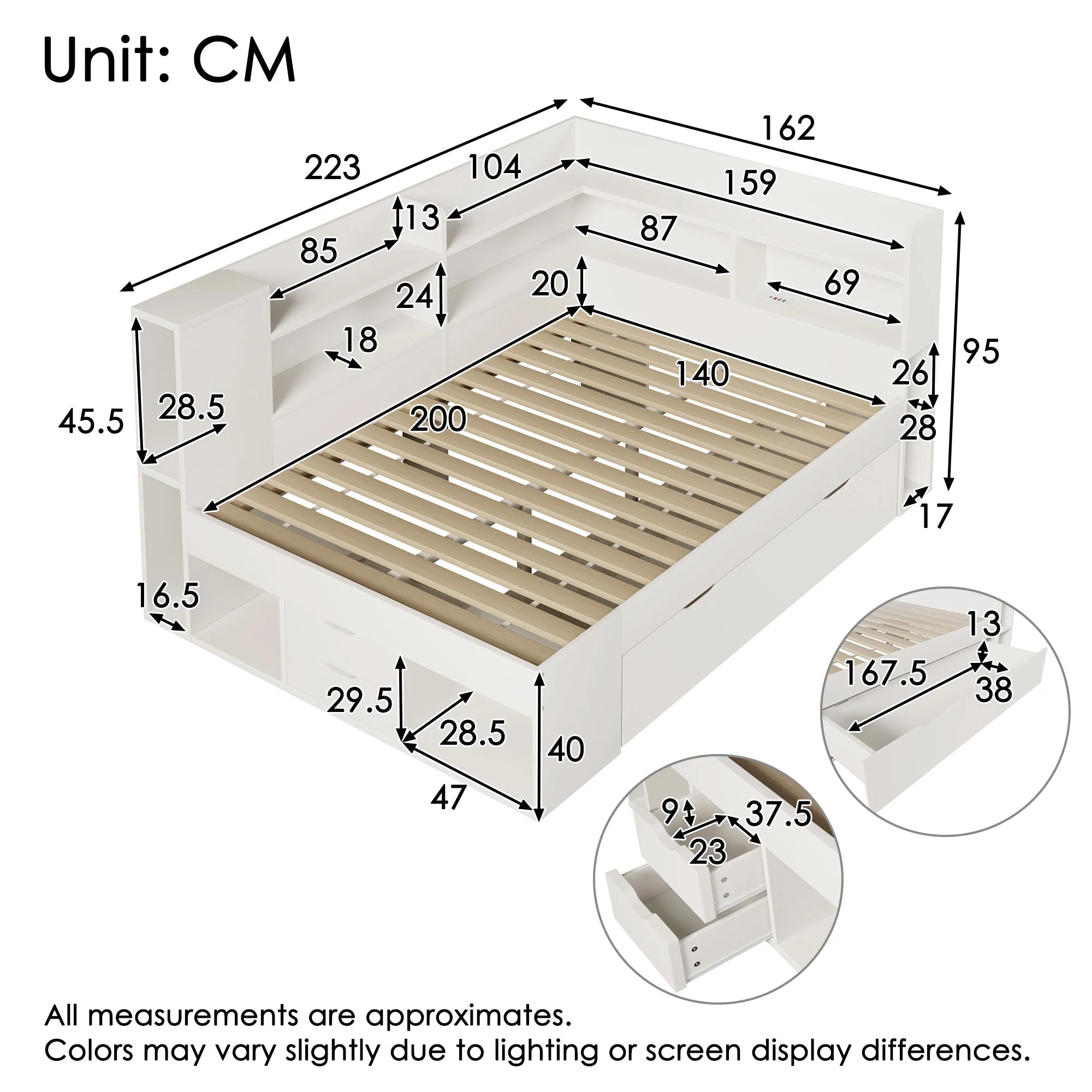 Daybed with LED, Charging Station and Storage, 140x200cm, White Wood-based Material - Image 2