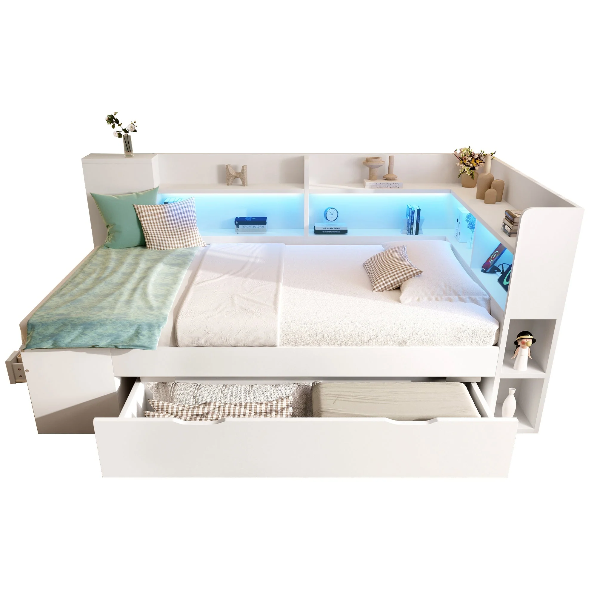 Daybed with LED, Charging Station and Storage, 90x200cm, White Wood-based Material - Image 8