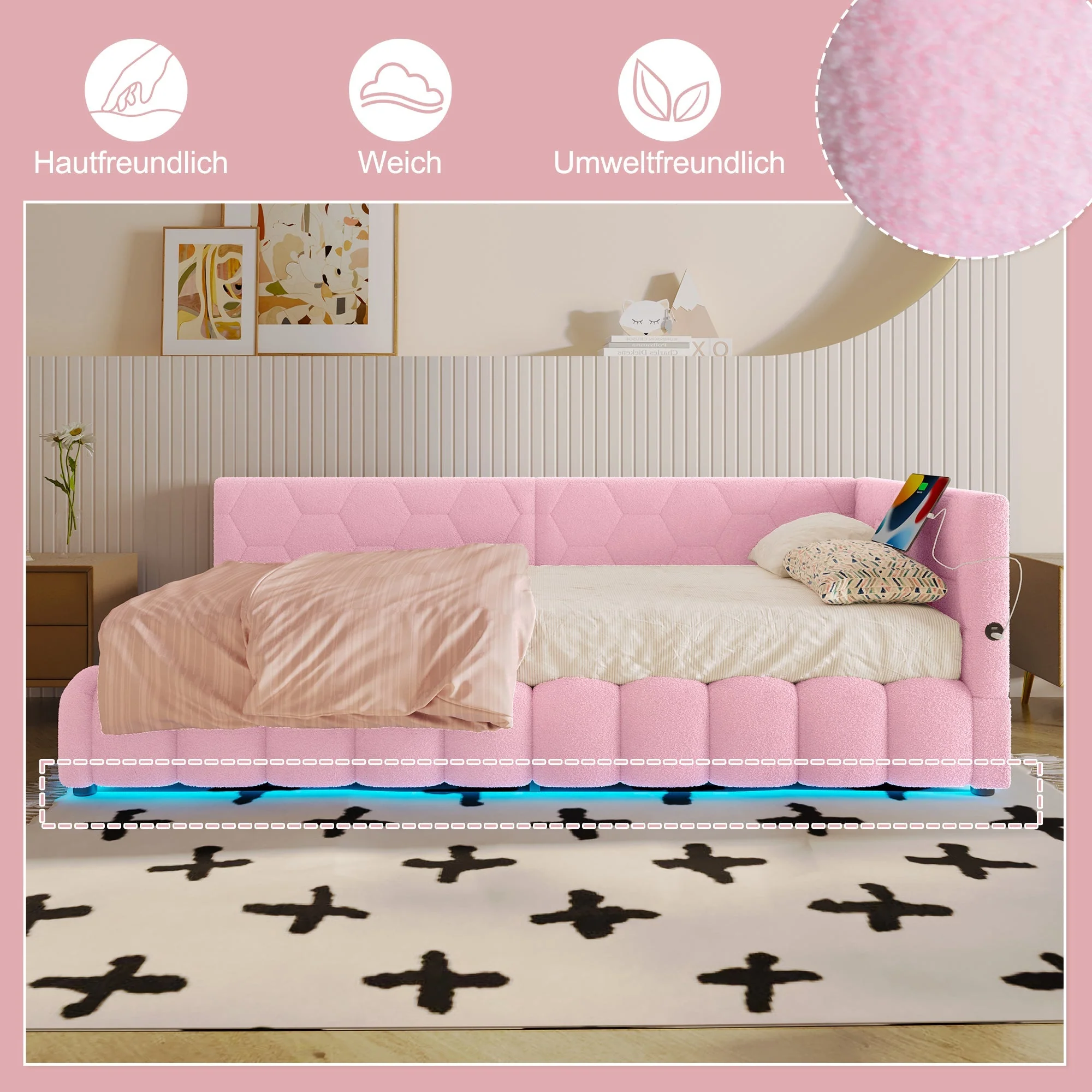 Daybed with LED Light, Hydraulic Storage and USB Charging, Pink Imitation Fleece - Image 2