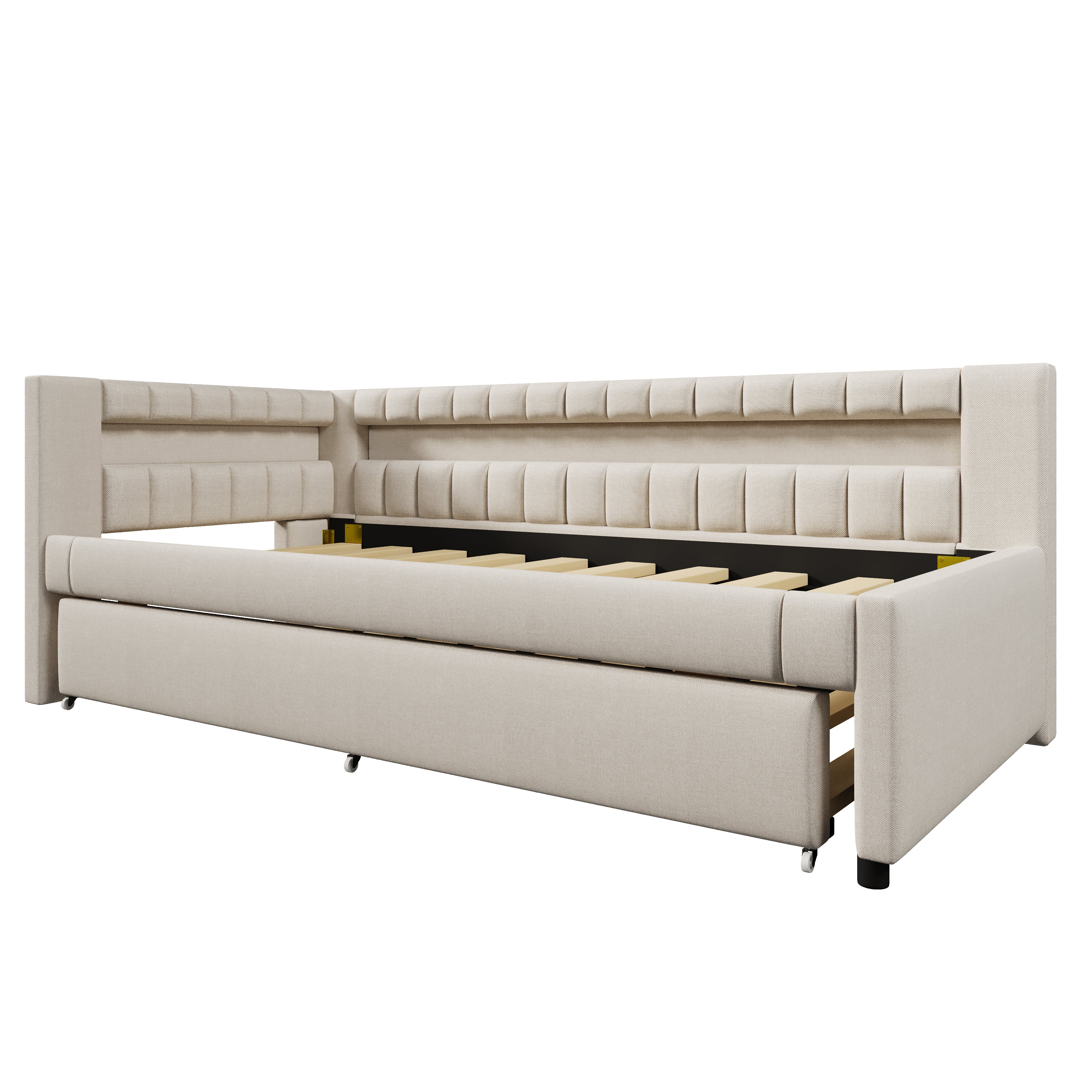 Daybed with LED Light Strip and Pull-out Bed, USB + Type-C, Beige Linen - Image 10