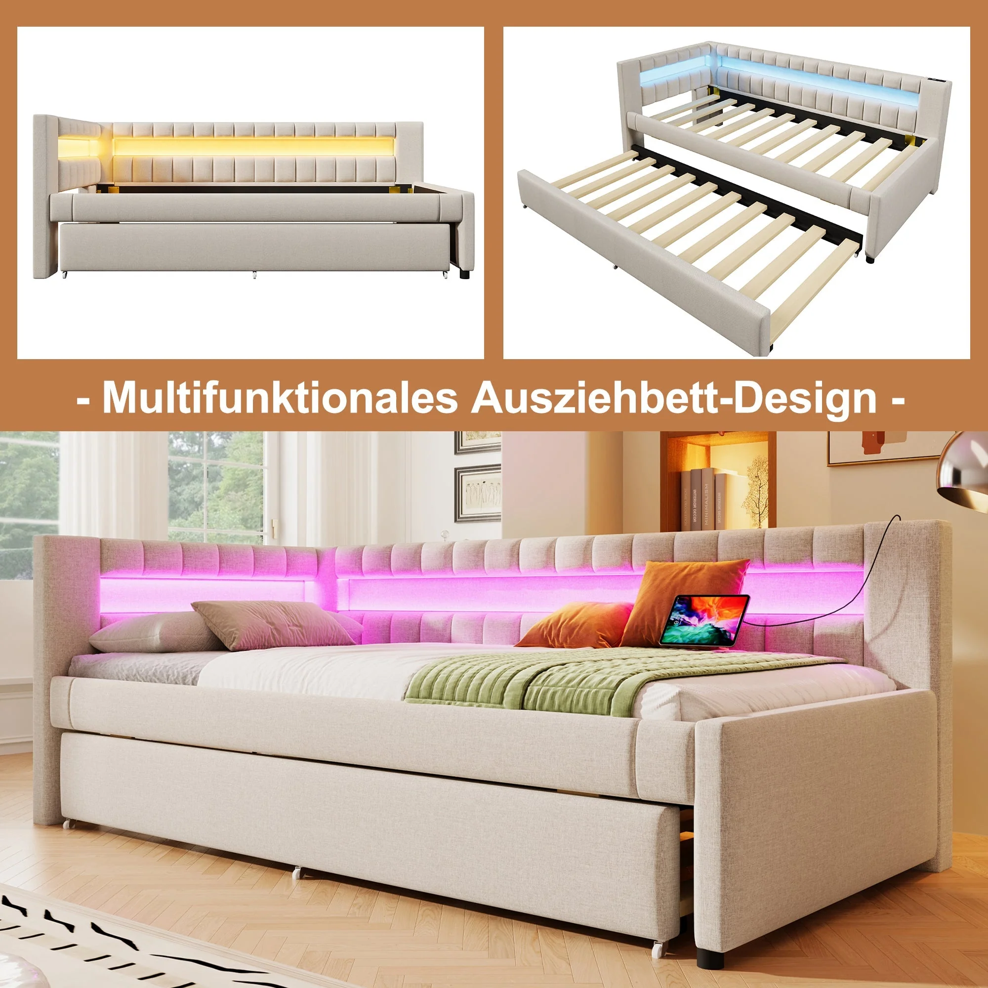 Daybed with LED Light Strip and Pull-out Bed, USB + Type-C, Beige Linen - Image 3