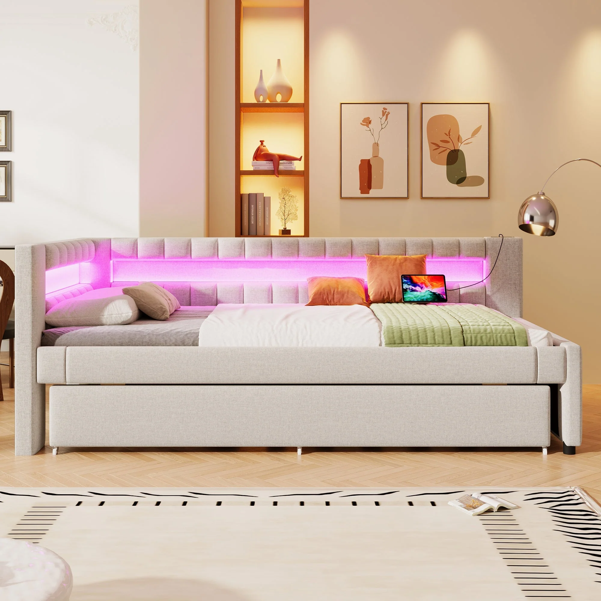 Daybed with LED Light Strip and Pull-out Bed, USB + Type-C, Beige Linen - Image 4