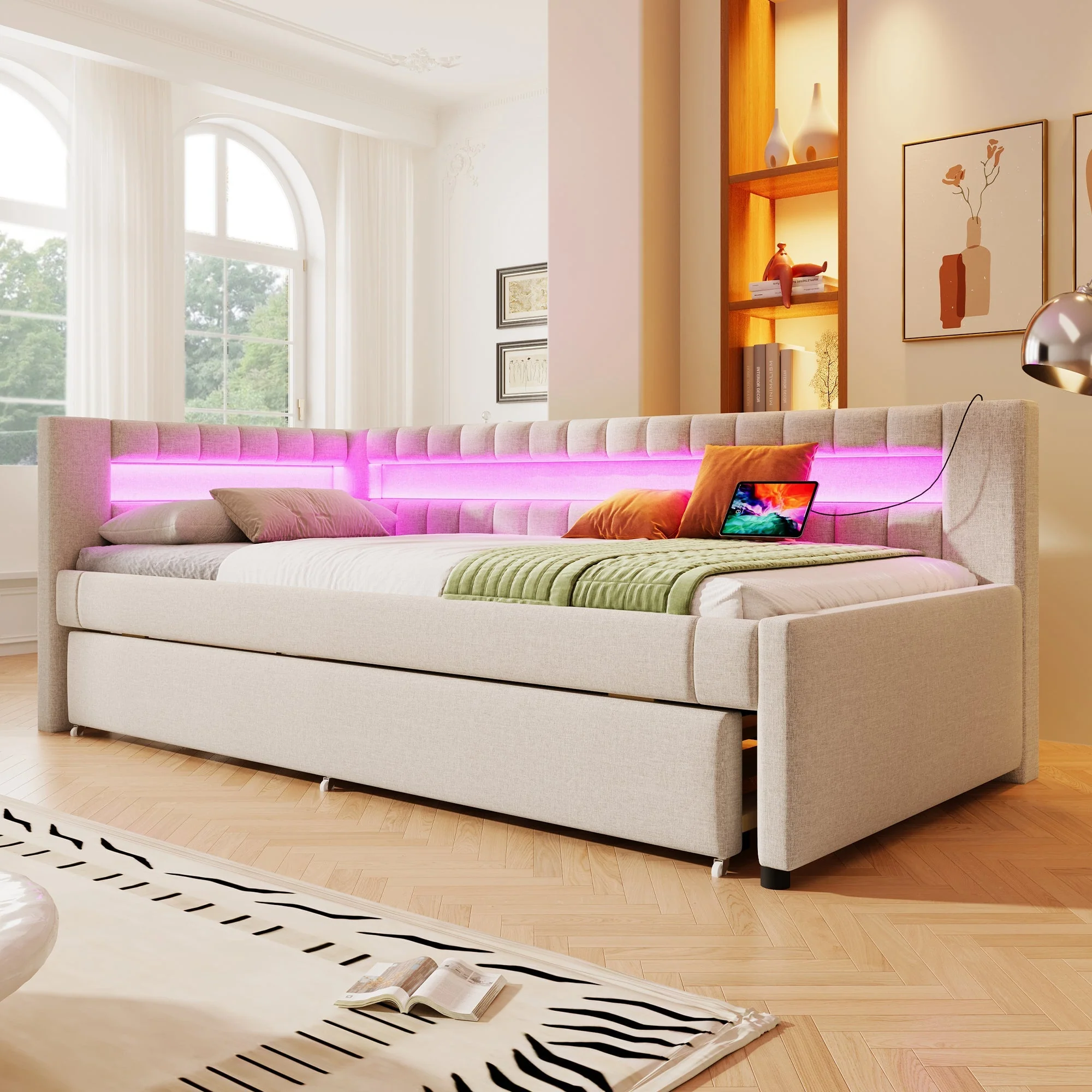 Daybed with LED Light Strip and Pull-out Bed, USB + Type-C, Beige Linen - Image 5
