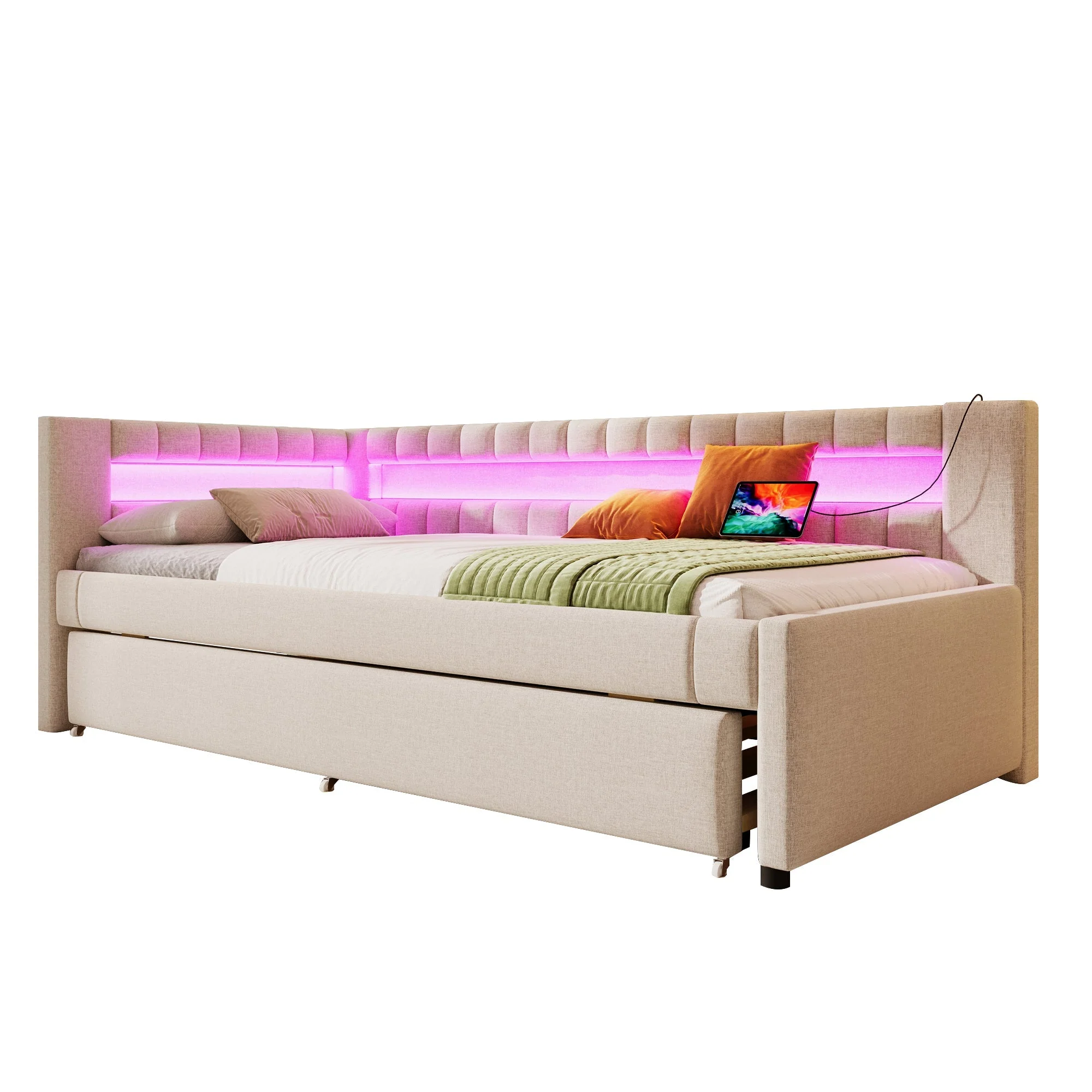 Daybed with LED Light Strip and Pull-out Bed, USB + Type-C, Beige Linen - Image 7