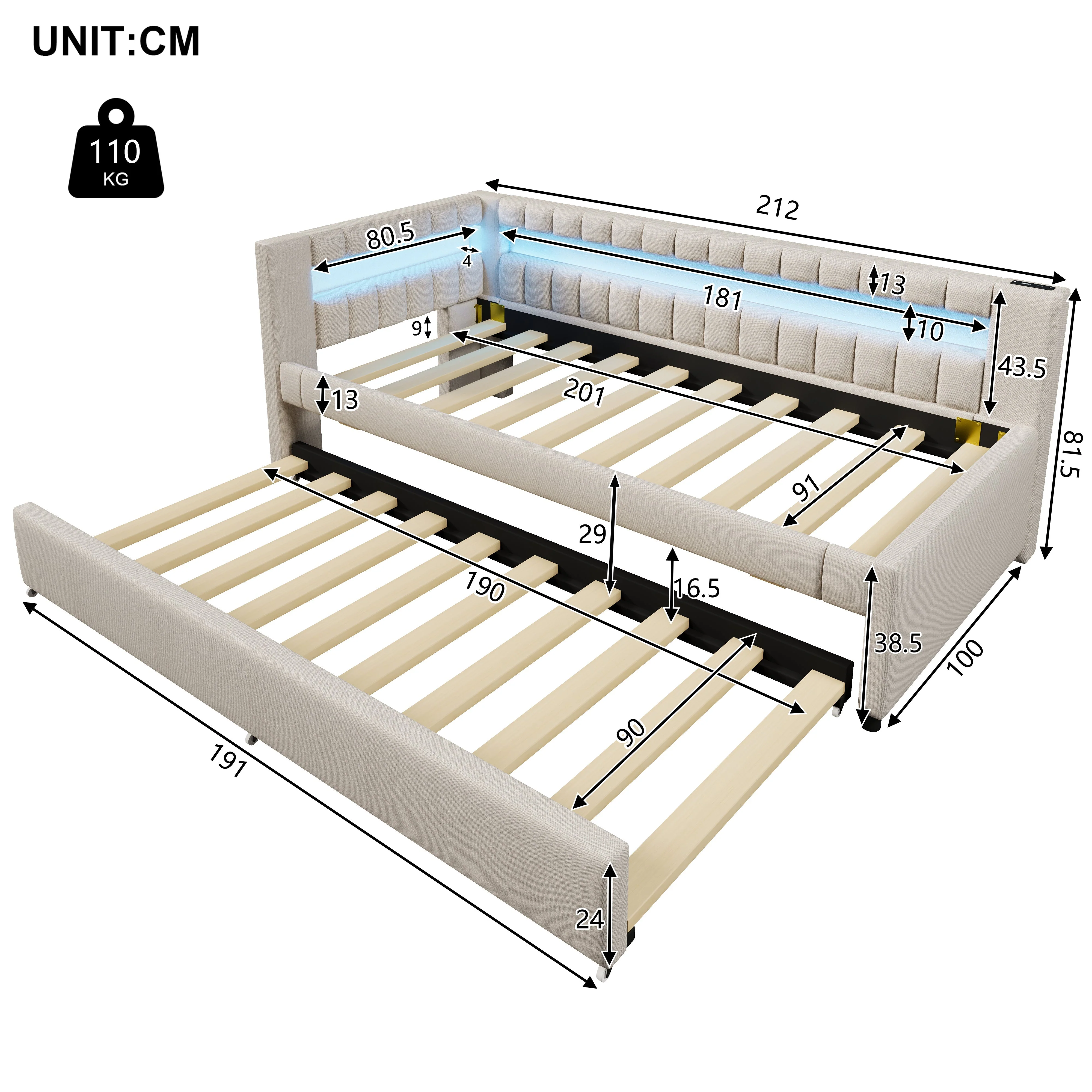 Daybed with LED Light Strip and Pull-out Bed, USB + Type-C, Beige Linen - Image 9