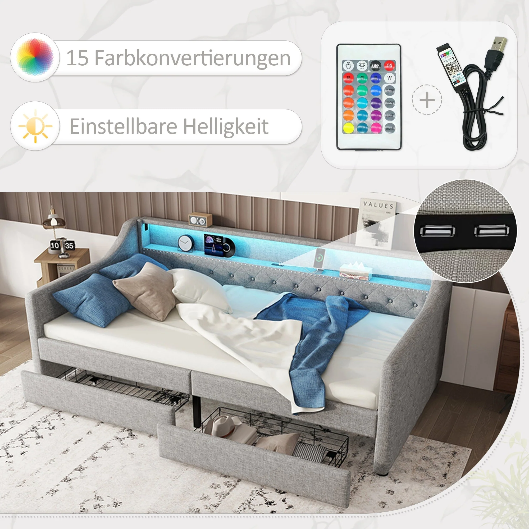 Daybed with LED Lighting, Slatted Base, Drawers and USB Port, Grey Linen - Image 2