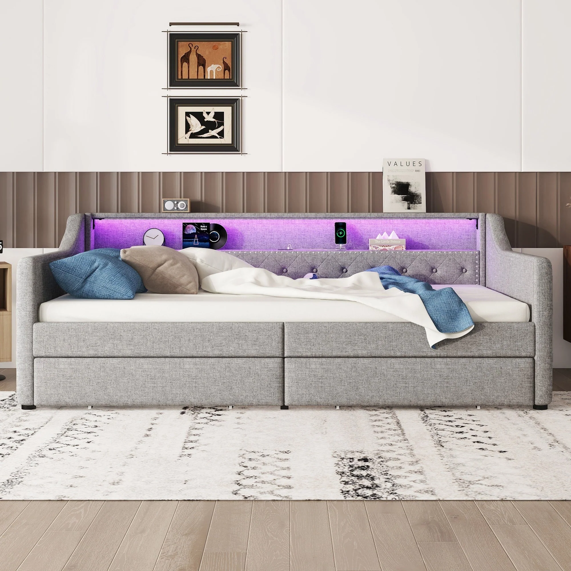 Daybed with LED Lighting, Slatted Base, Drawers and USB Port, Grey Linen - Image 4