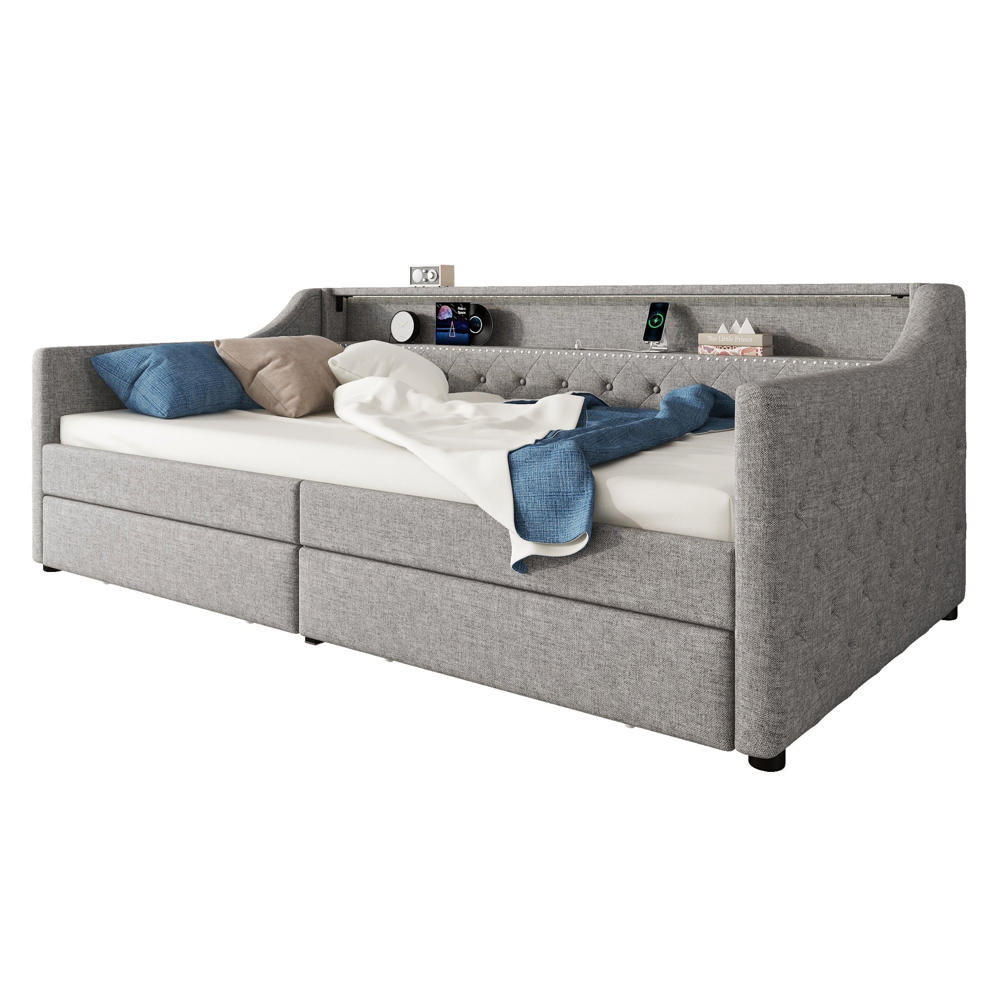 Daybed with LED Lighting, Slatted Base, Drawers and USB Port, Grey Linen - Image 7