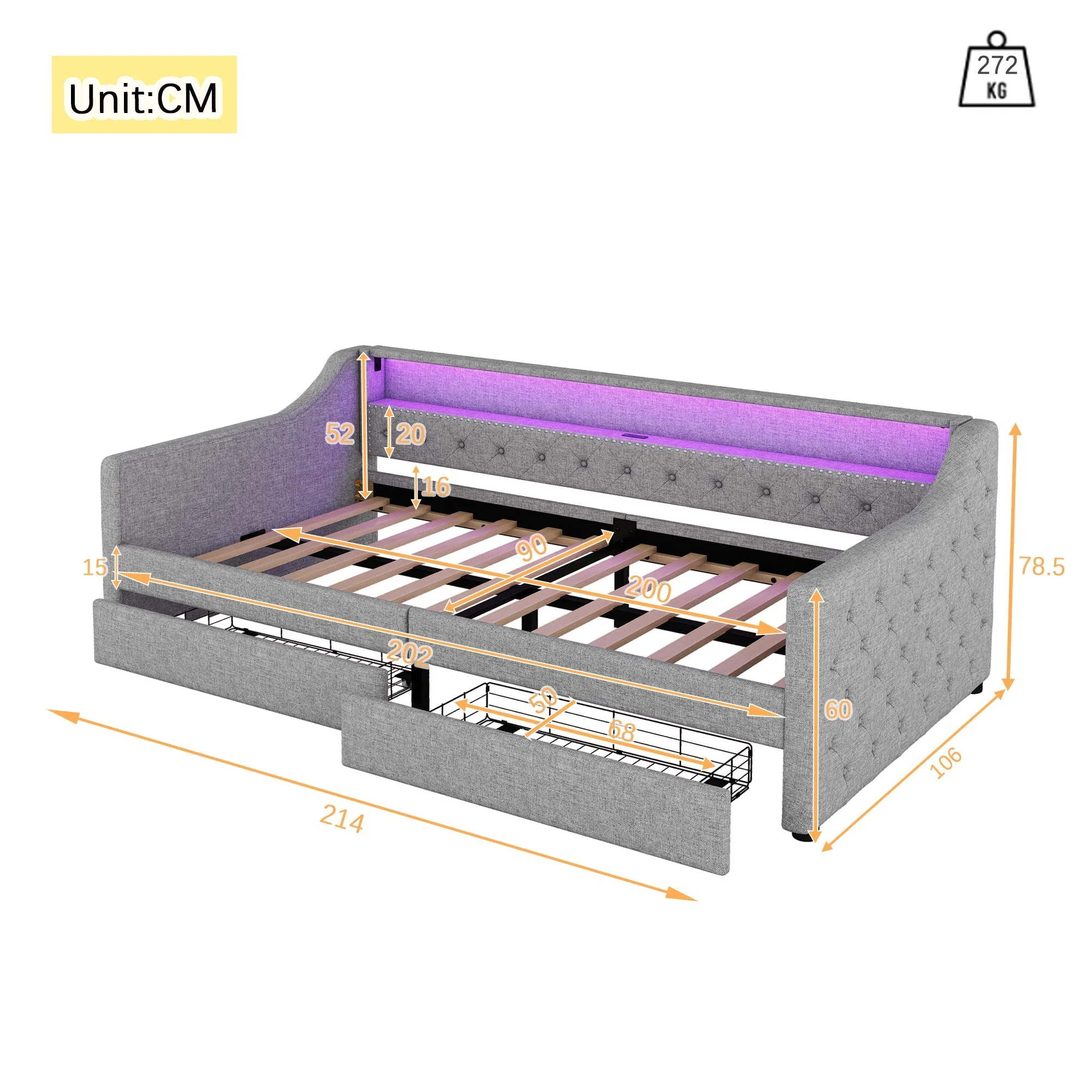 Daybed with LED Lighting, Slatted Base, Drawers and USB Port, Grey Linen - Image 9