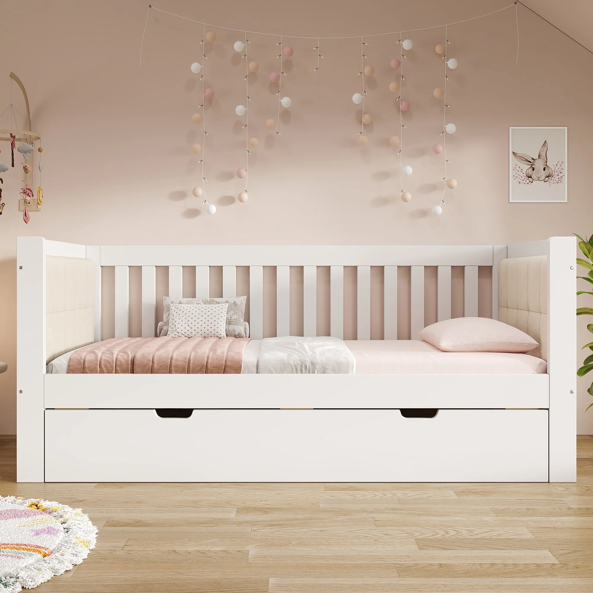 Daybed with Pull-out Bed, 90x200cm and 90x190cm, Space-Saving Wood, White - Image 8