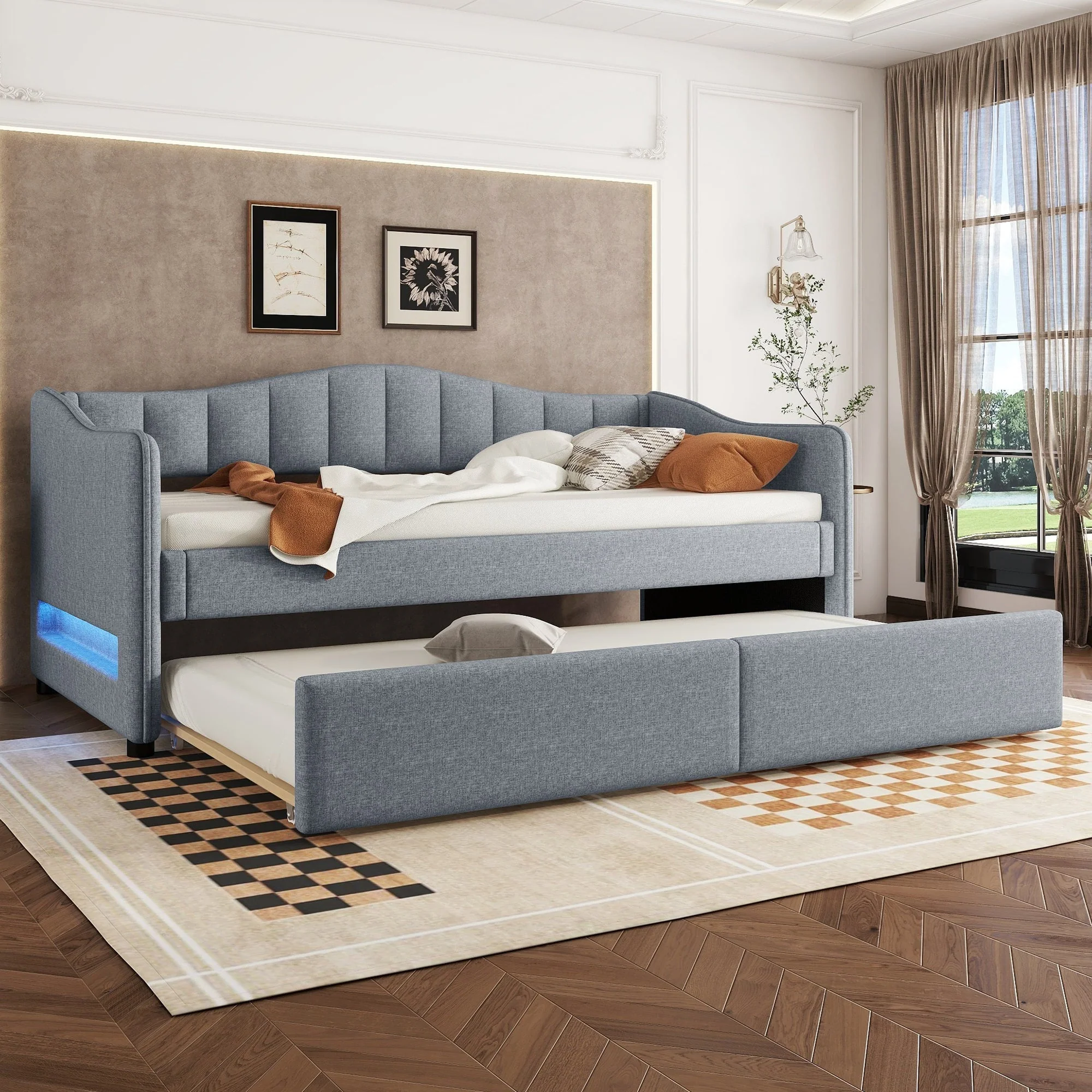 Daybed with Pull-out Bed and LED Ambient Lighting, 90x200cm, Grey Linen