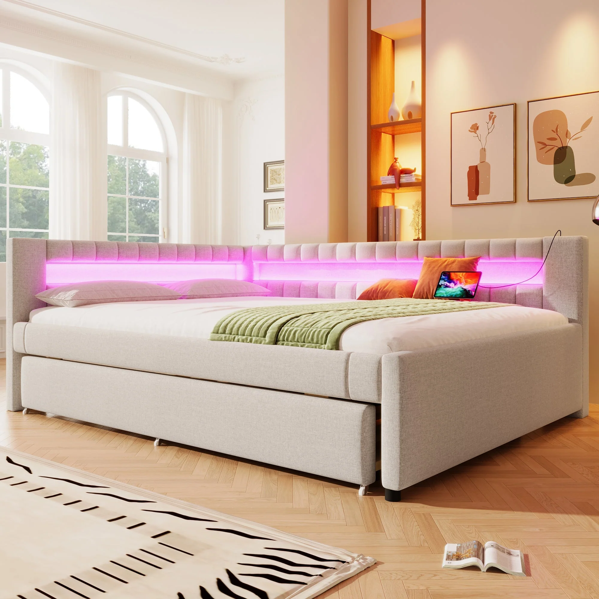 Daybed with Pull-Out Bed, LED Light Strip and USB Ports, Beige Linen - Image 4