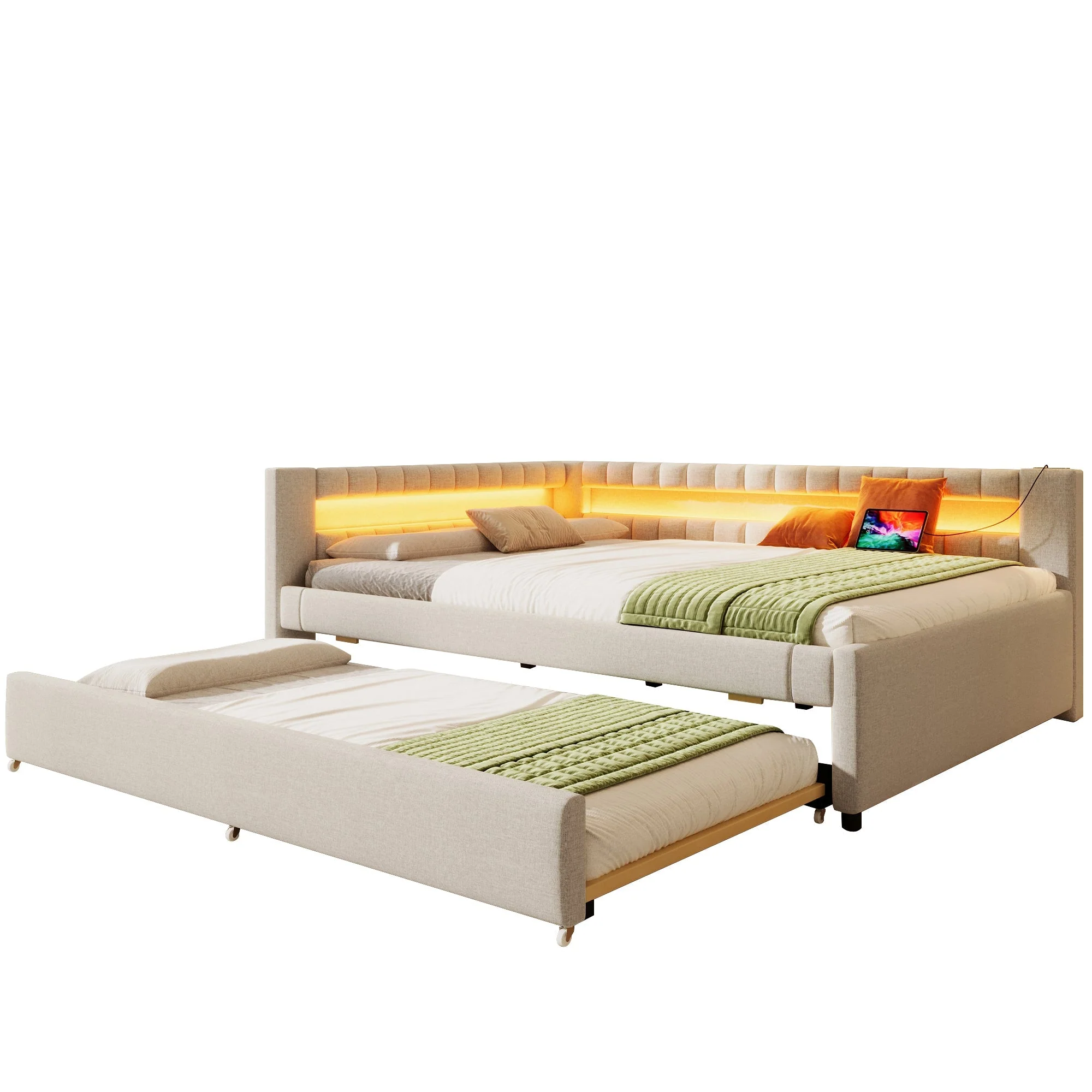 Daybed with Pull-Out Bed, LED Light Strip and USB Ports, Beige Linen - Image 7