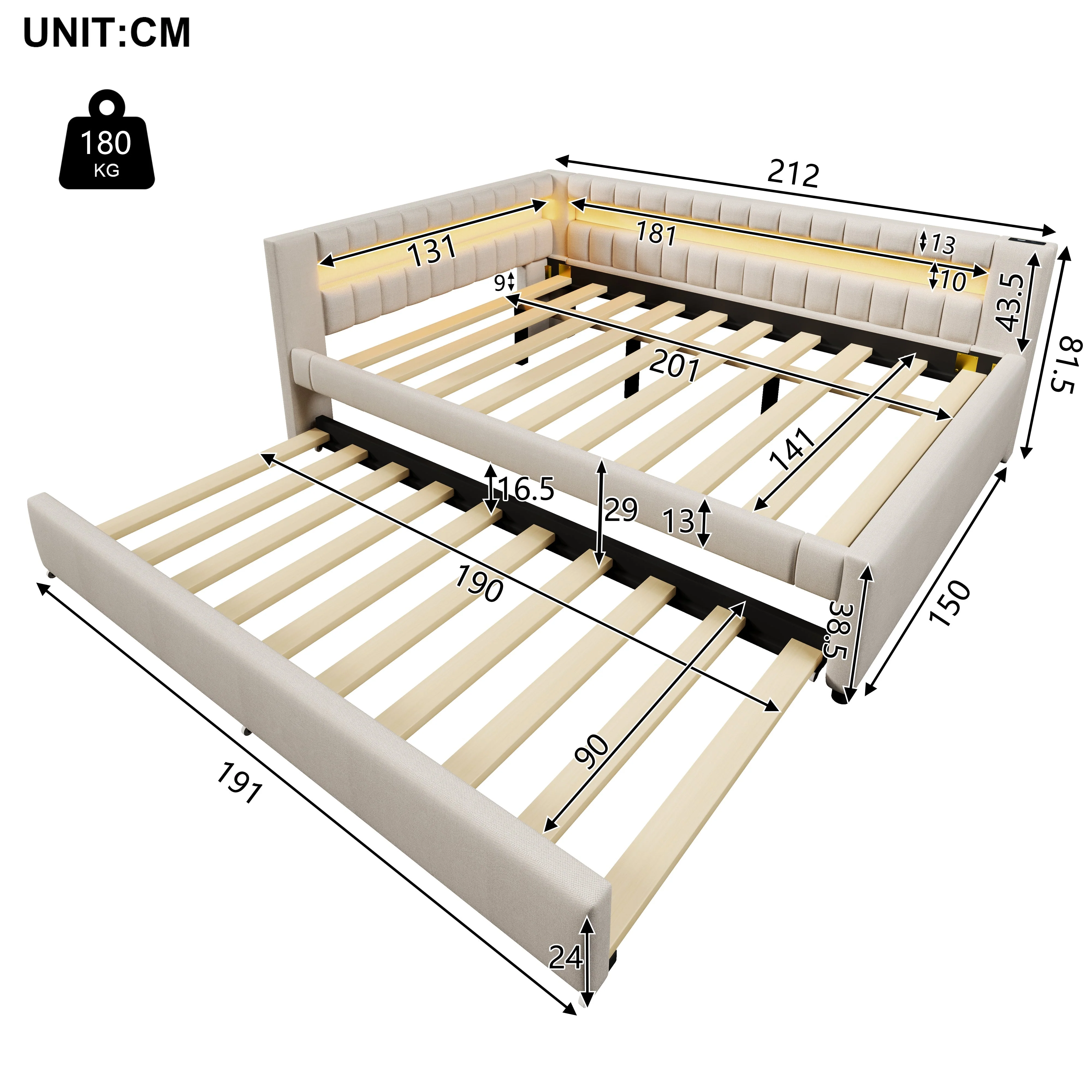 Daybed with Pull-Out Bed, LED Light Strip and USB Ports, Beige Linen - Image 9