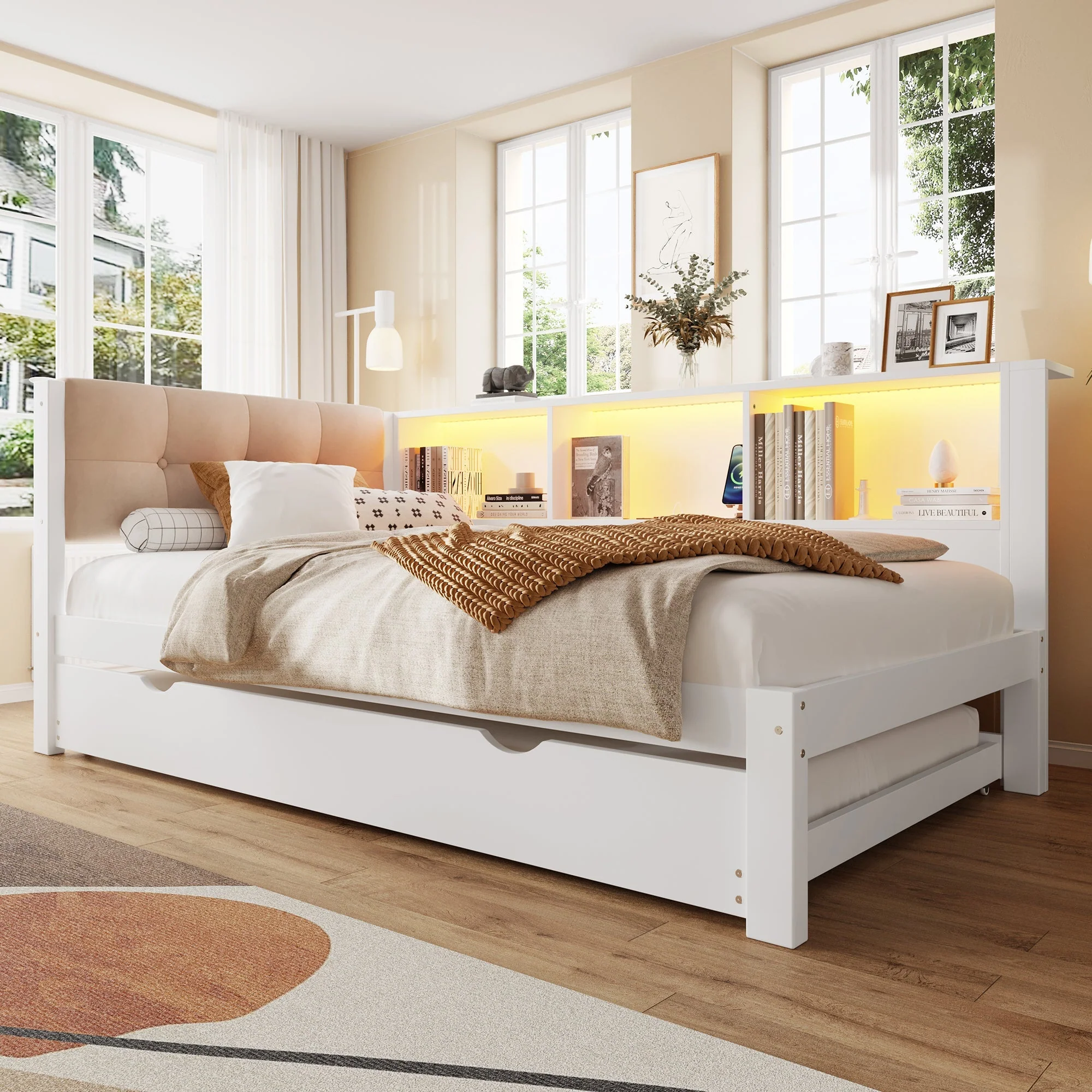Daybed with Pull-Out Bed, LED Strip, Storage Shelf and USB Port, Pine Wood White - Image 8