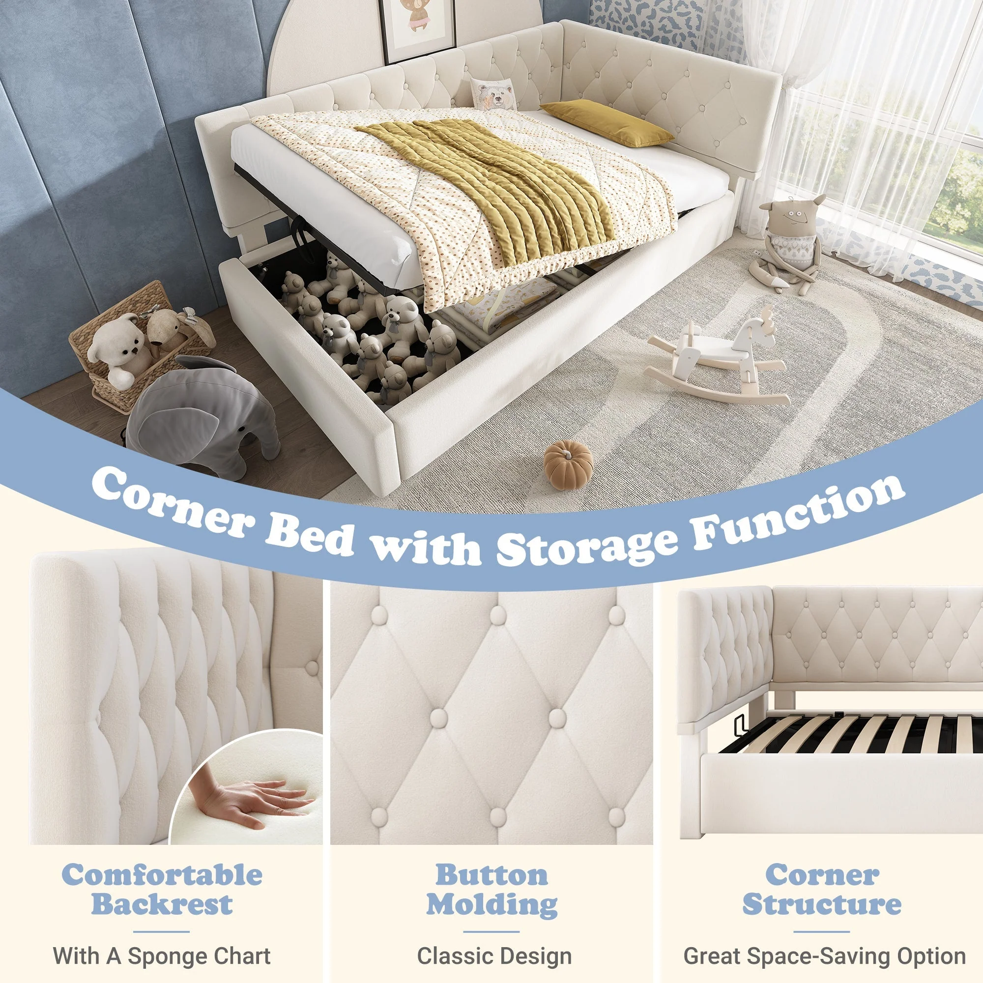 Daybed with Storage, 3FT Single Sofa Bed with Hydraulic Ottoman, Metal Slatted Frame, Velvet Beige - Image 6
