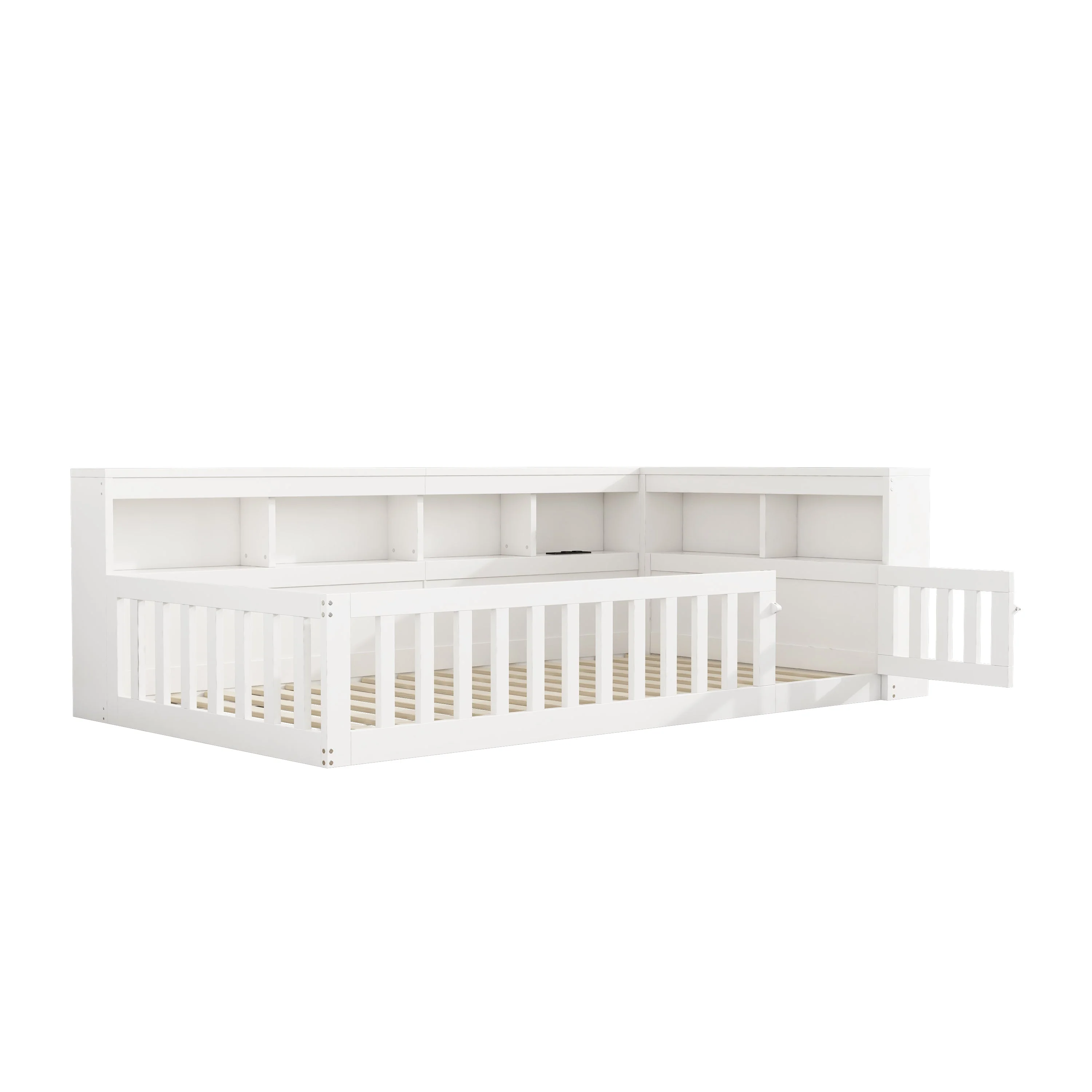 Daybed with Storage Compartment, USB Port and Slatted Base, White Chipboard - Image 10