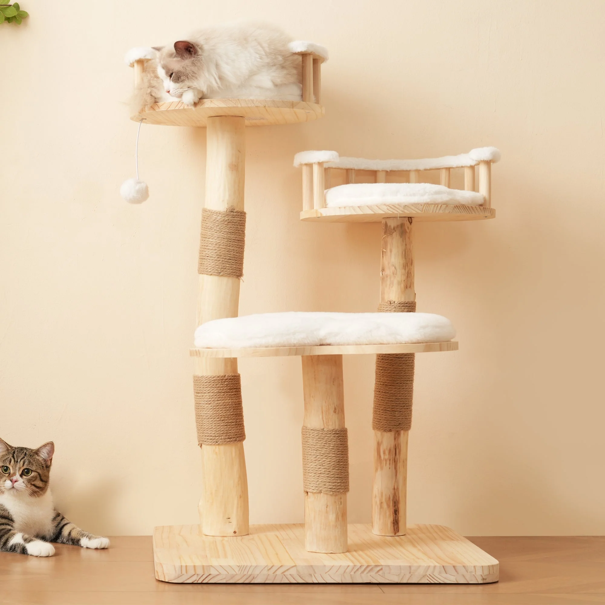 Designer Cat Climbing Frame, 98cm 3-Step Springboard Cloud Imitation, Solid Wood Natural - Image 4