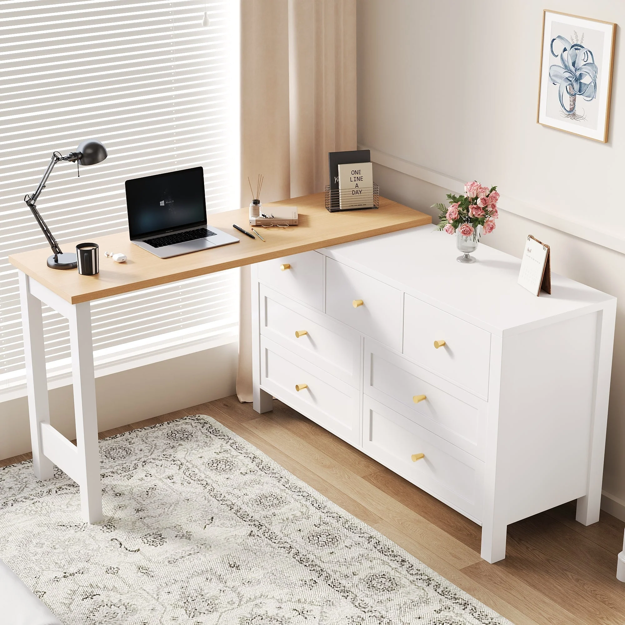 Desk, 7-Drawer 2-in-1 Rotating Workbench Sideboard, White/Natural Oak Look - Image 2