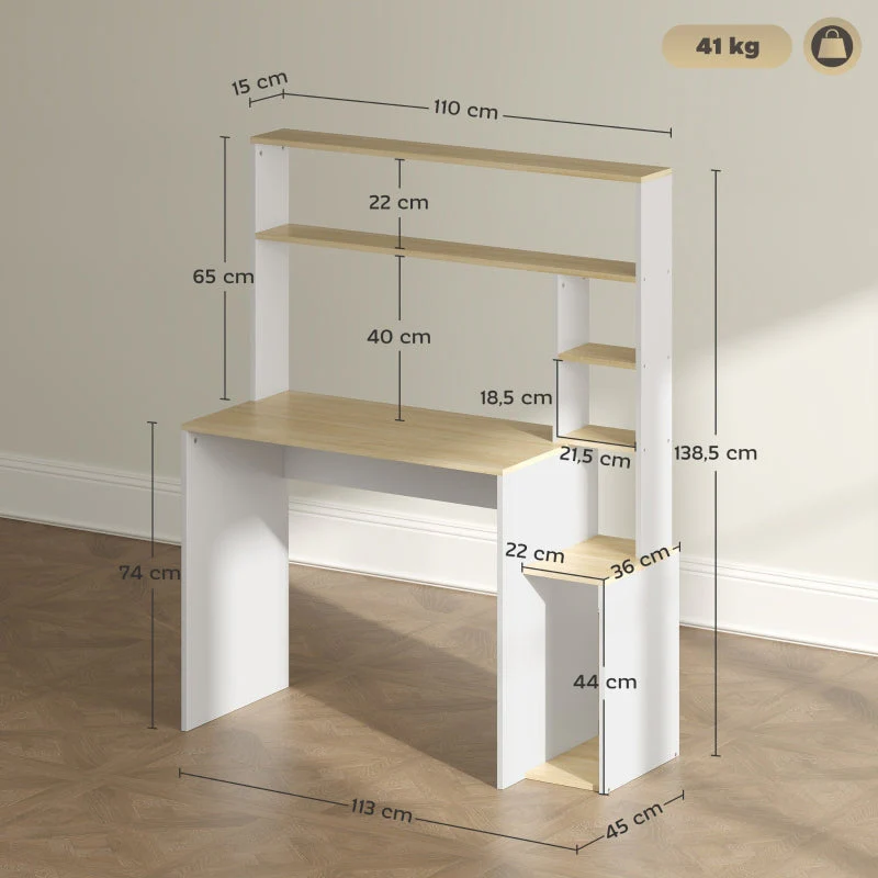 Desk, Computer Office Table with Open Shelves, CPU Stand, Steel Frame, Oak - Image 3