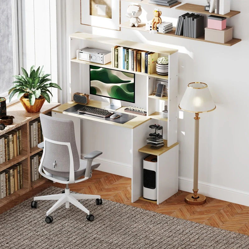 Desk, Computer Office Table with Open Shelves, CPU Stand, Steel Frame, Oak - Image 7