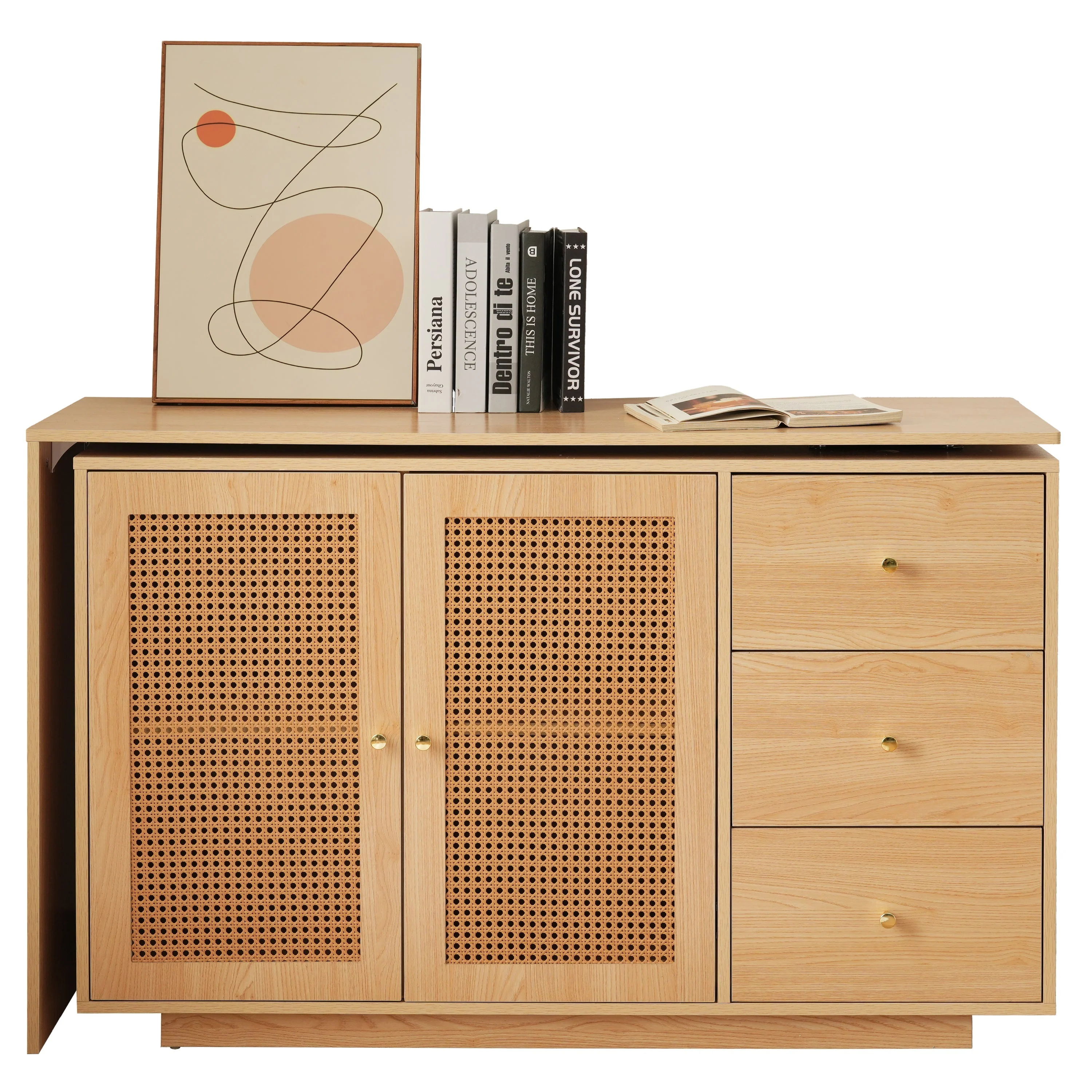 Desk, L-Shaped Corner Computer Table with Rattan Doors, 126 cm White - Image 2