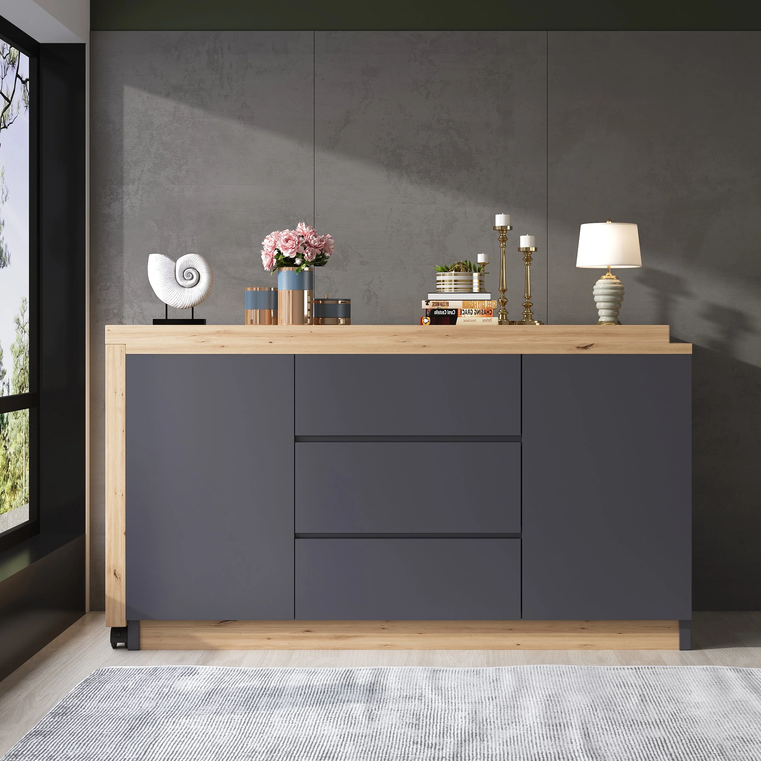 Desk Multifunctional Rotating Foldable Corner Sideboard with Lockable Casters, Grey/Oak - Image 2
