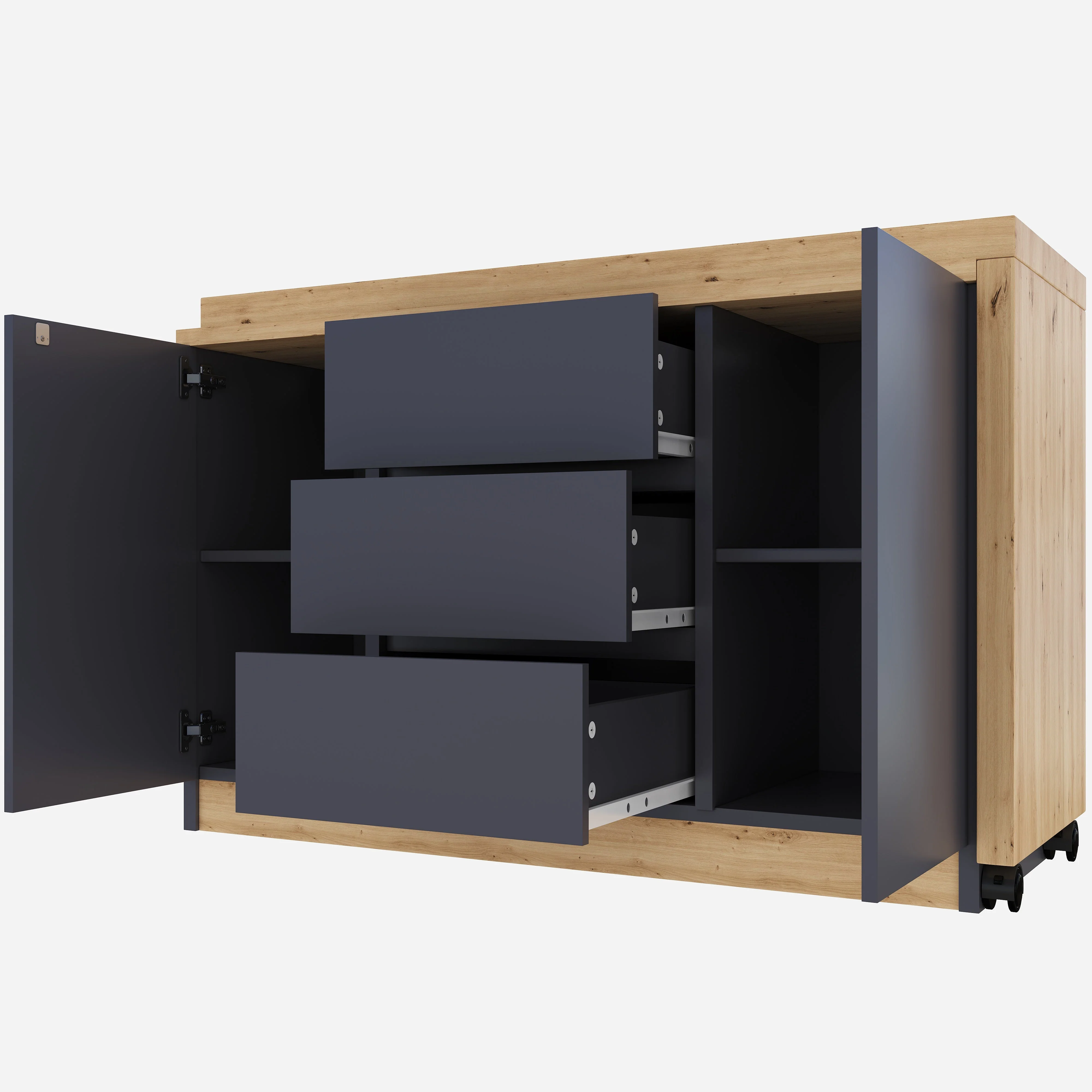 Desk Multifunctional Rotating Foldable Corner Sideboard with Lockable Casters, Grey/Oak - Image 8