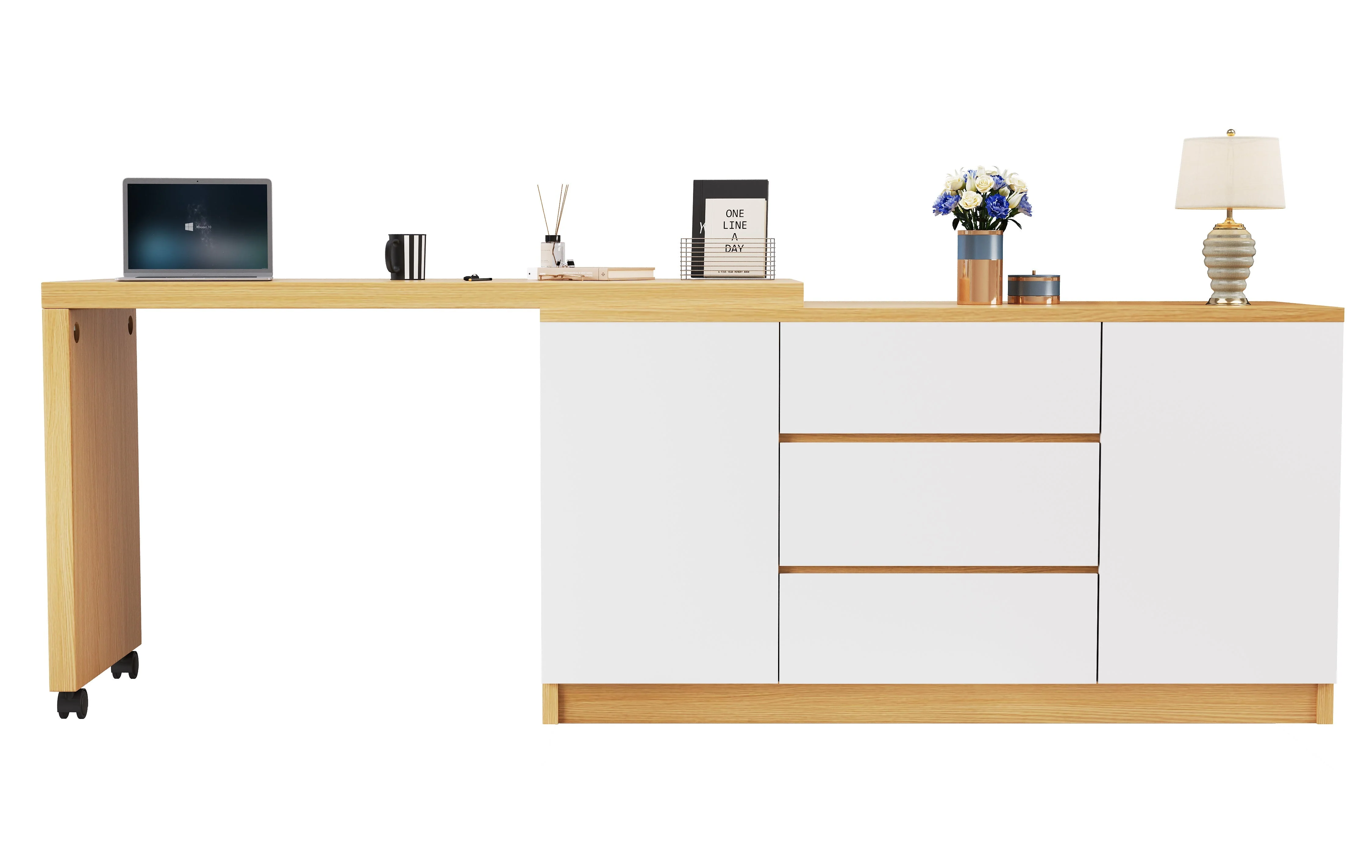 Desk, Multifunctional Rotating, Lockable Casters, White/Oak - Image 10