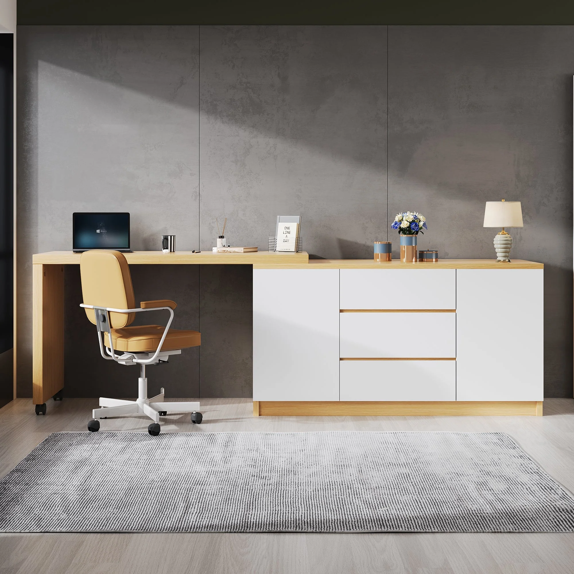 Desk, Multifunctional Rotating, Lockable Casters, White/Oak - Image 3