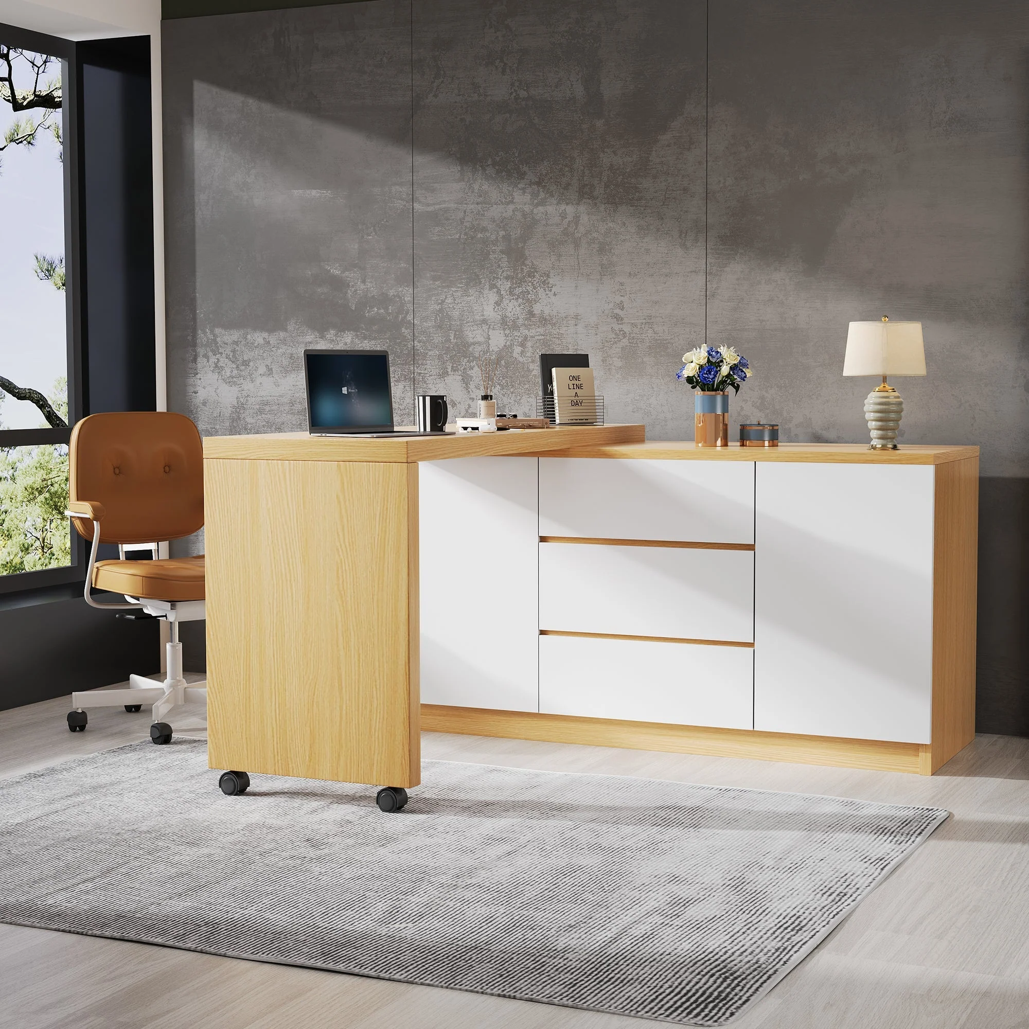 Desk, Multifunctional Rotating, Lockable Casters, White/Oak - Image 4
