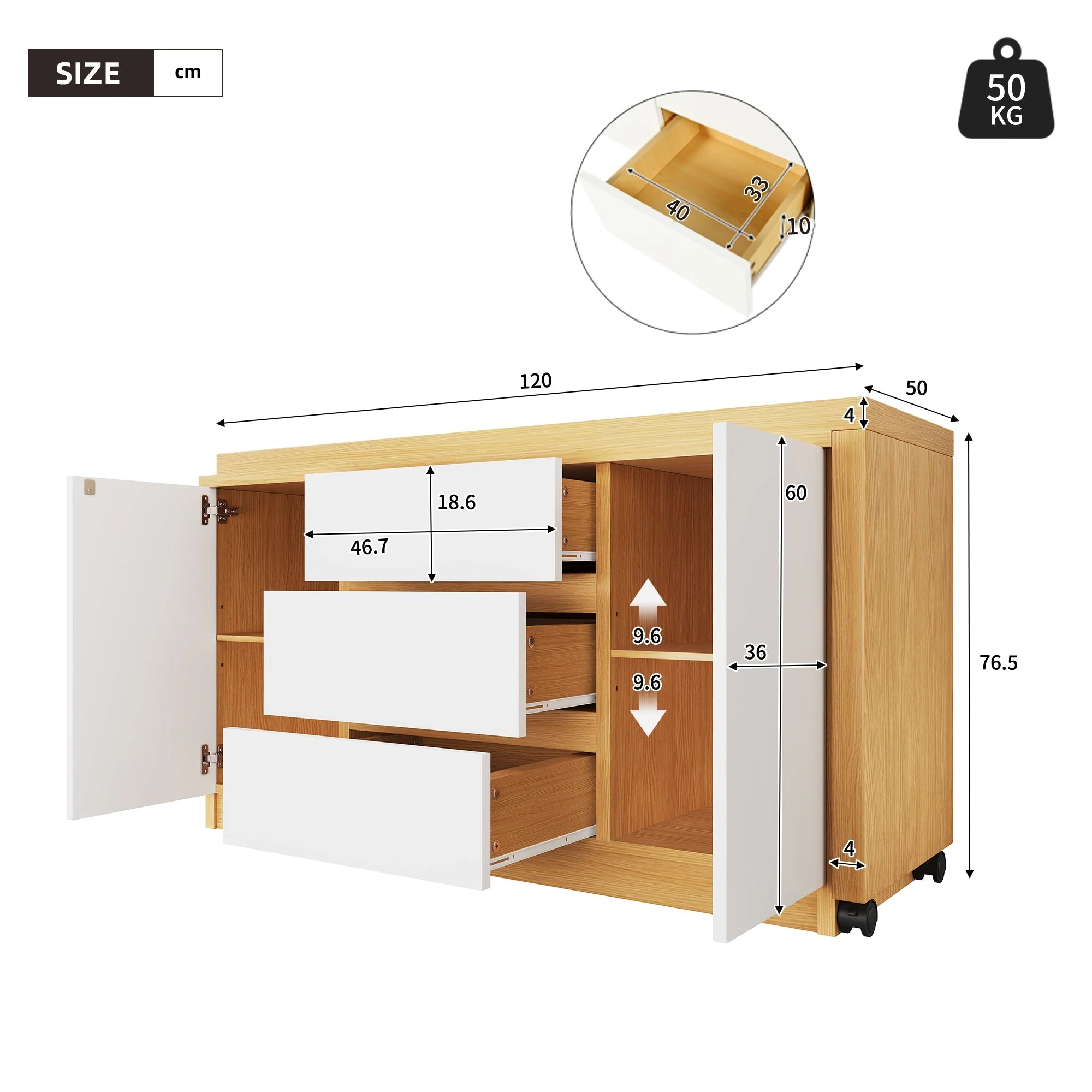 Desk, Multifunctional Rotating, Lockable Casters, White/Oak - Image 5