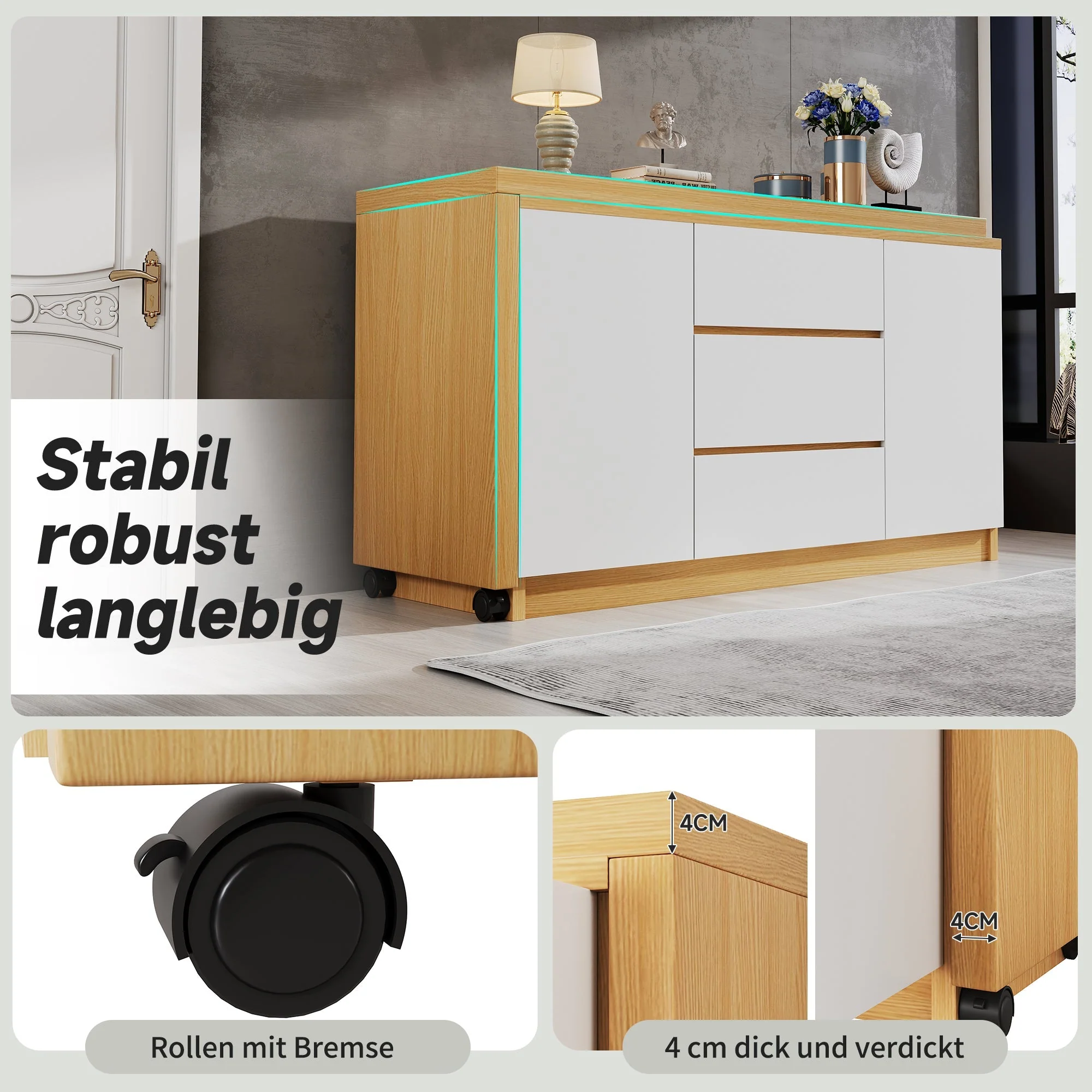 Desk, Multifunctional Rotating, Lockable Casters, White/Oak - Image 6