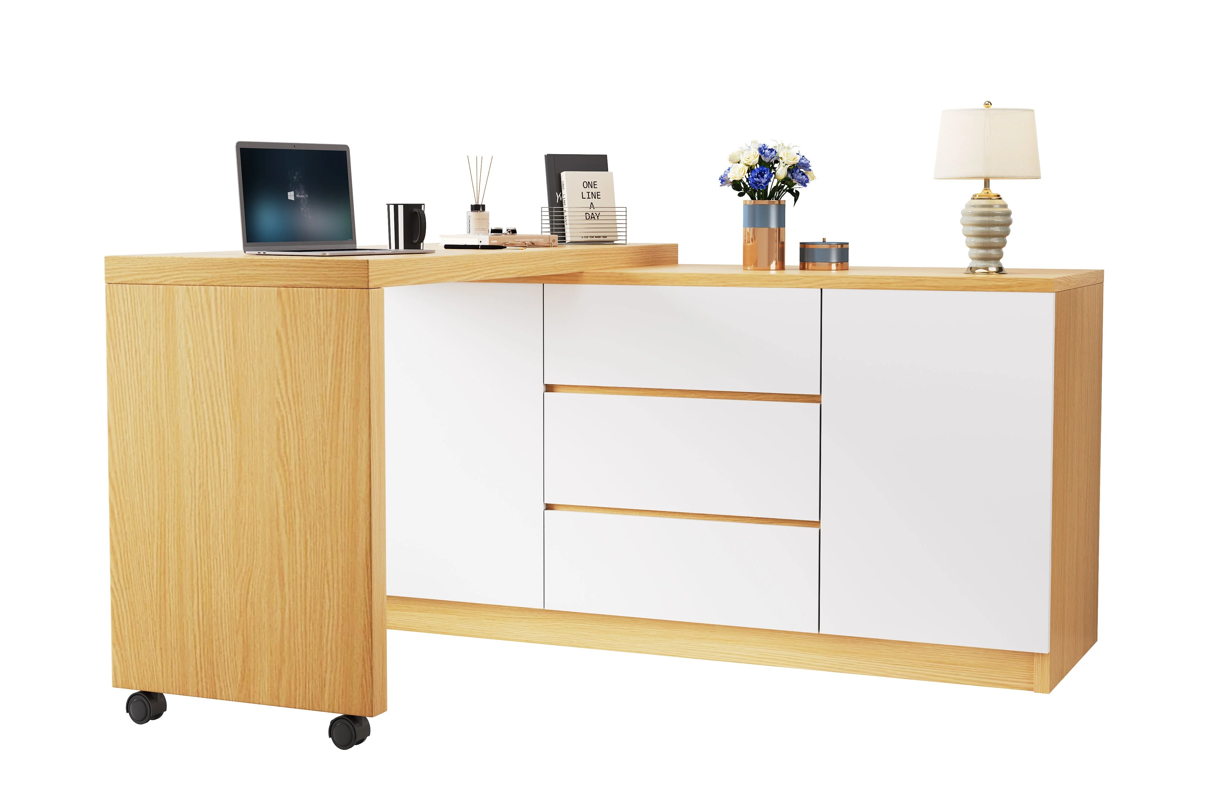 Desk, Multifunctional Rotating, Lockable Casters, White/Oak - Image 9