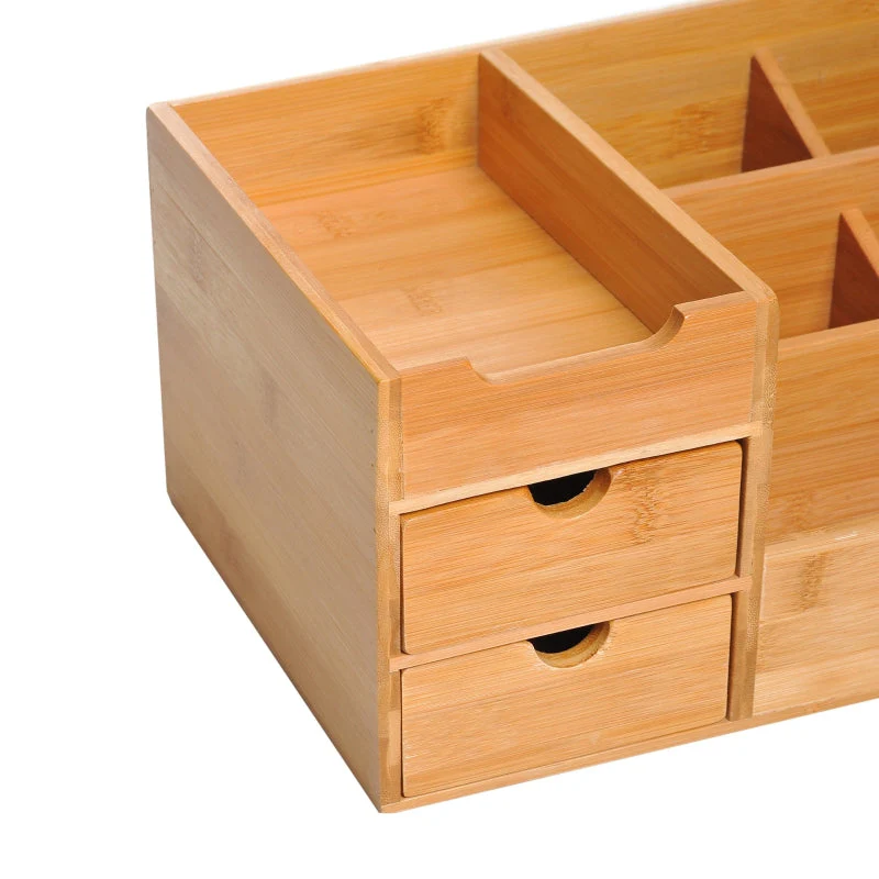 Desk Organiser Holder, Multi-Function 7 Compartments 2 Drawers Storage Caddy, Natural Bamboo - Image 6