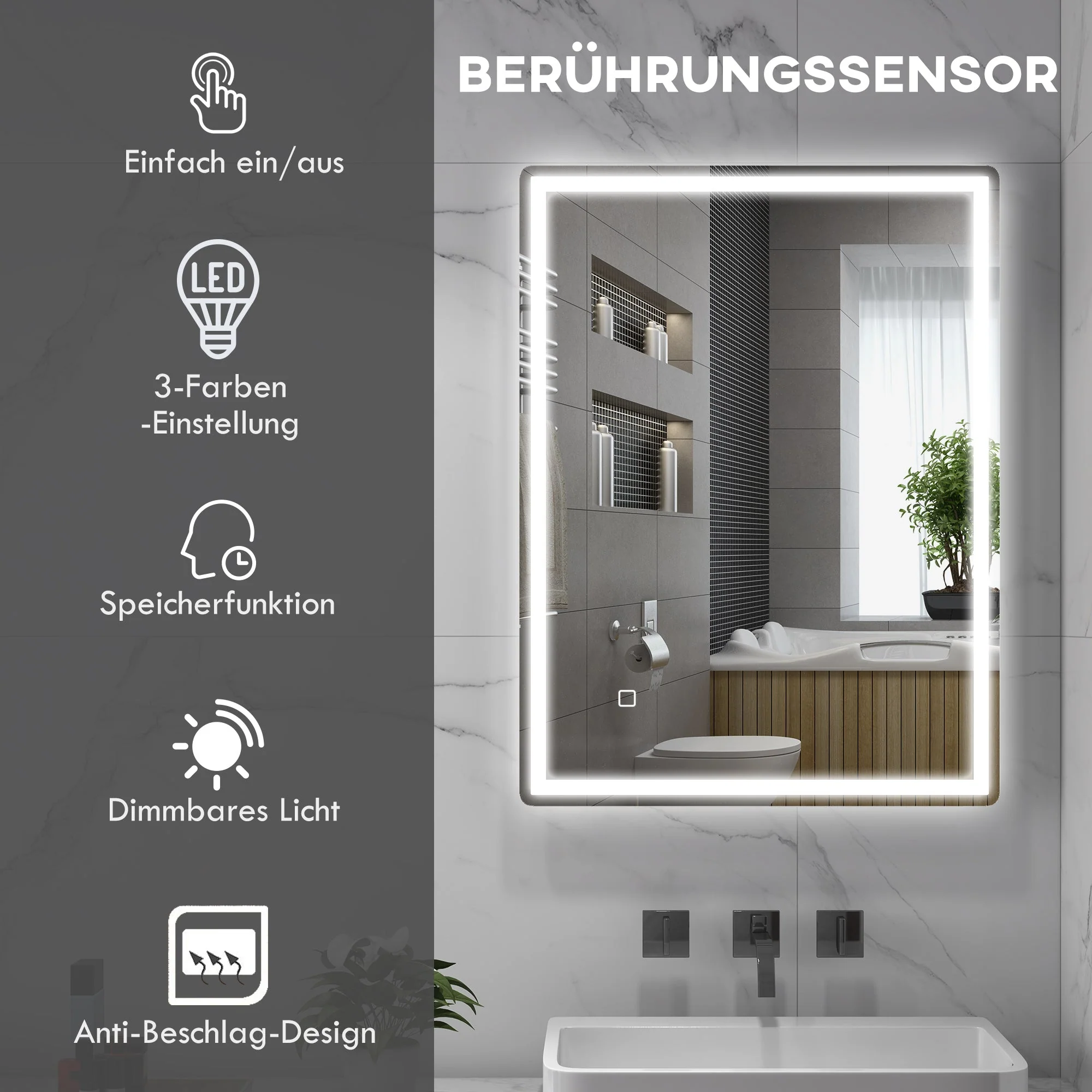 Dimmable Bathroom Mirror 80x60cm Memory Anti-Fog Surface, Glass - Image 4
