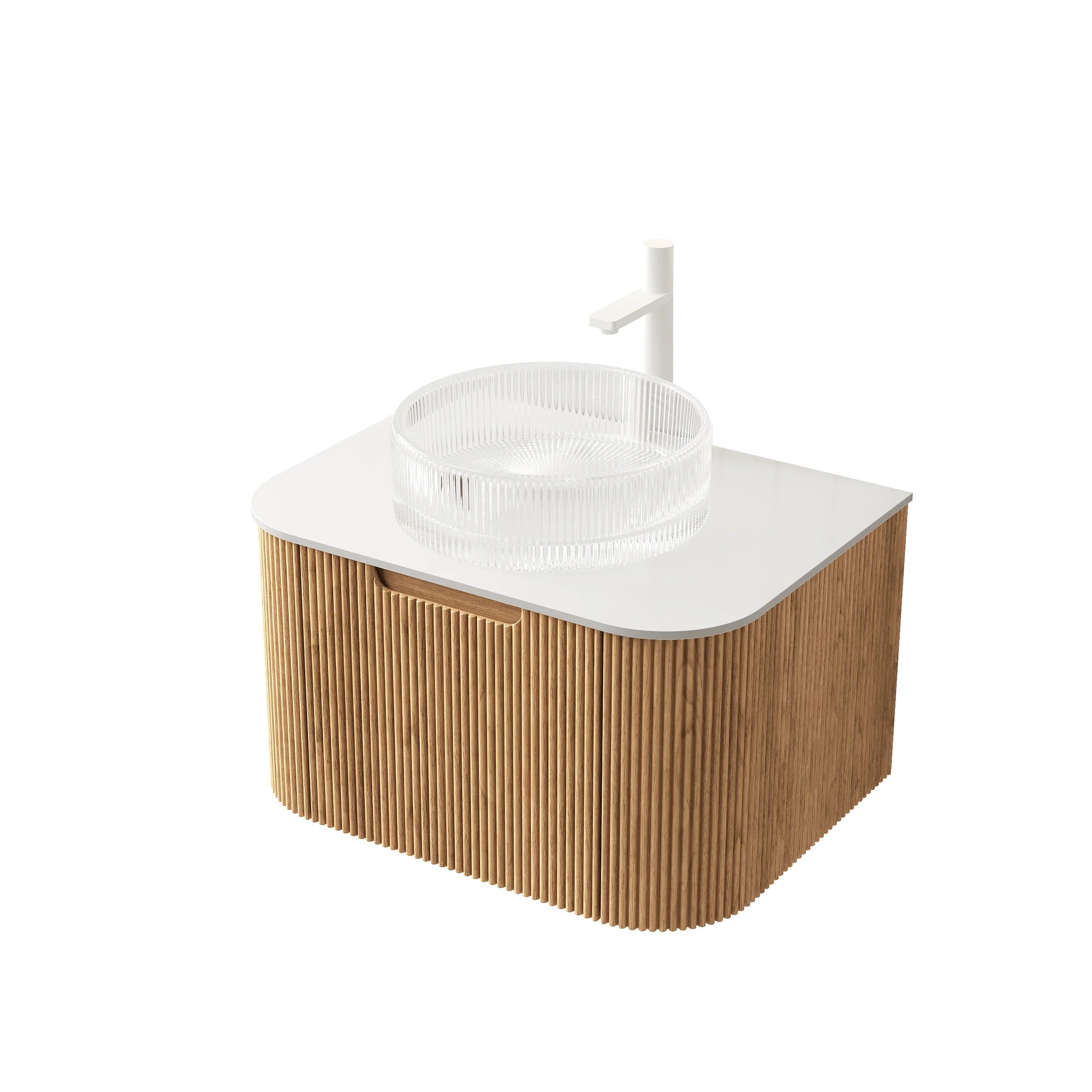 DINA 61cm Wall-Mounted Bathroom Vanity Unit with Glass Basin & Drawer, Natural Wood - Image 4