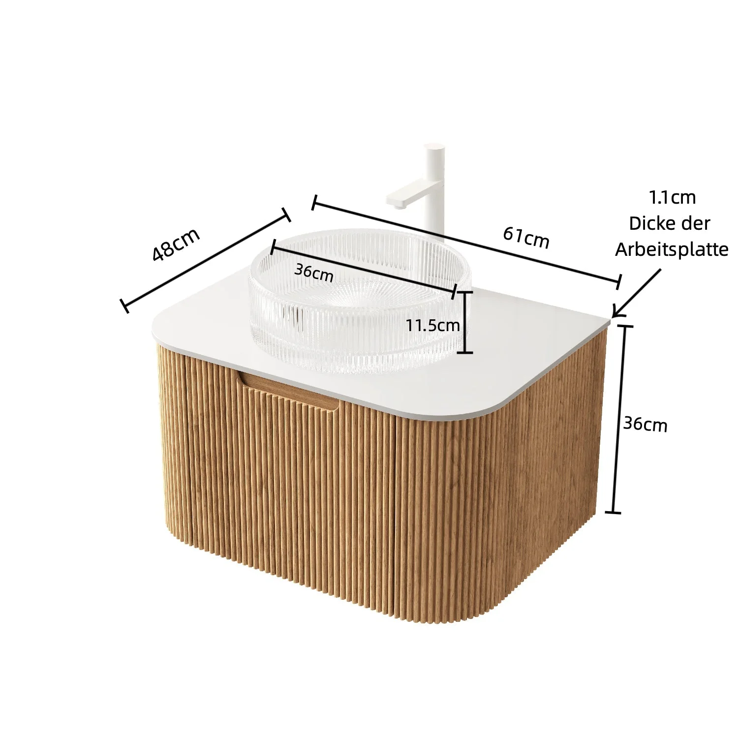 DINA 61cm Wall-Mounted Bathroom Vanity Unit with Glass Basin & Drawer, Natural Wood - Image 5