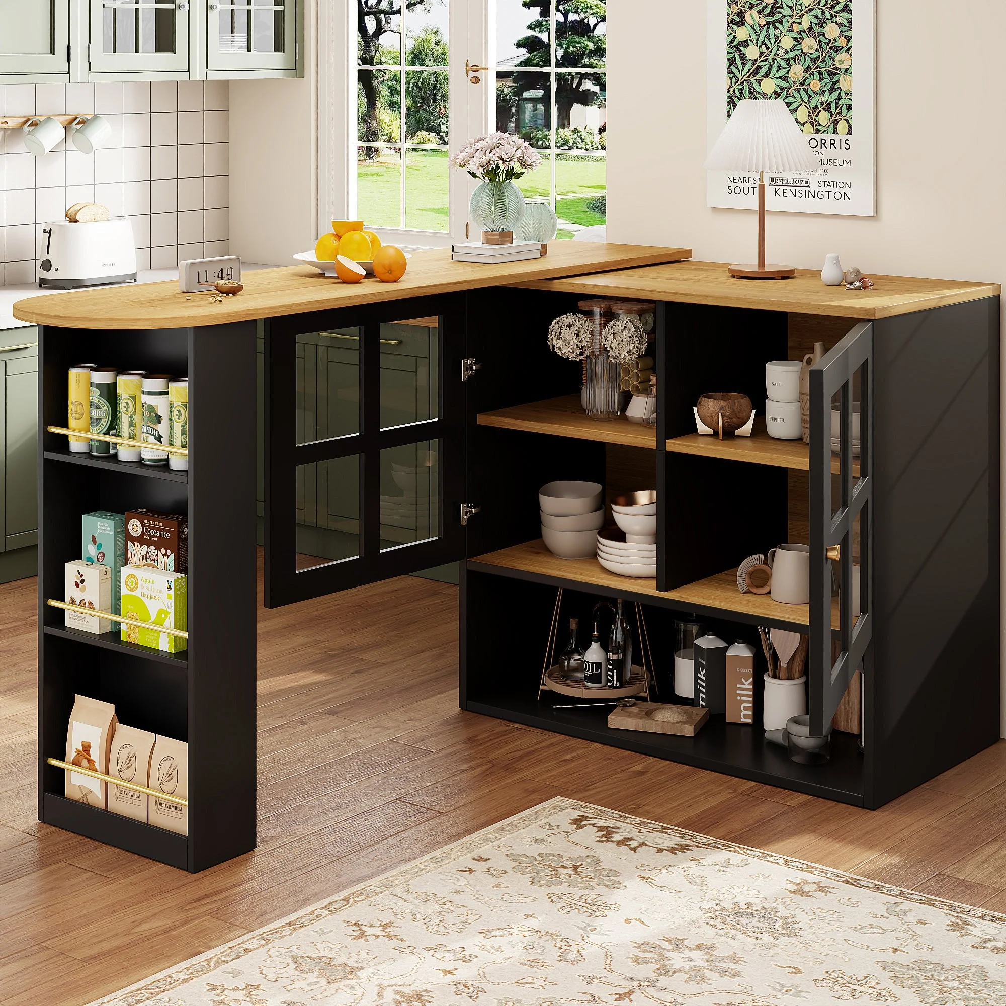 Dining Bar, 360° Rotating Multifunctional with 5 Shelves, Black - Image 3