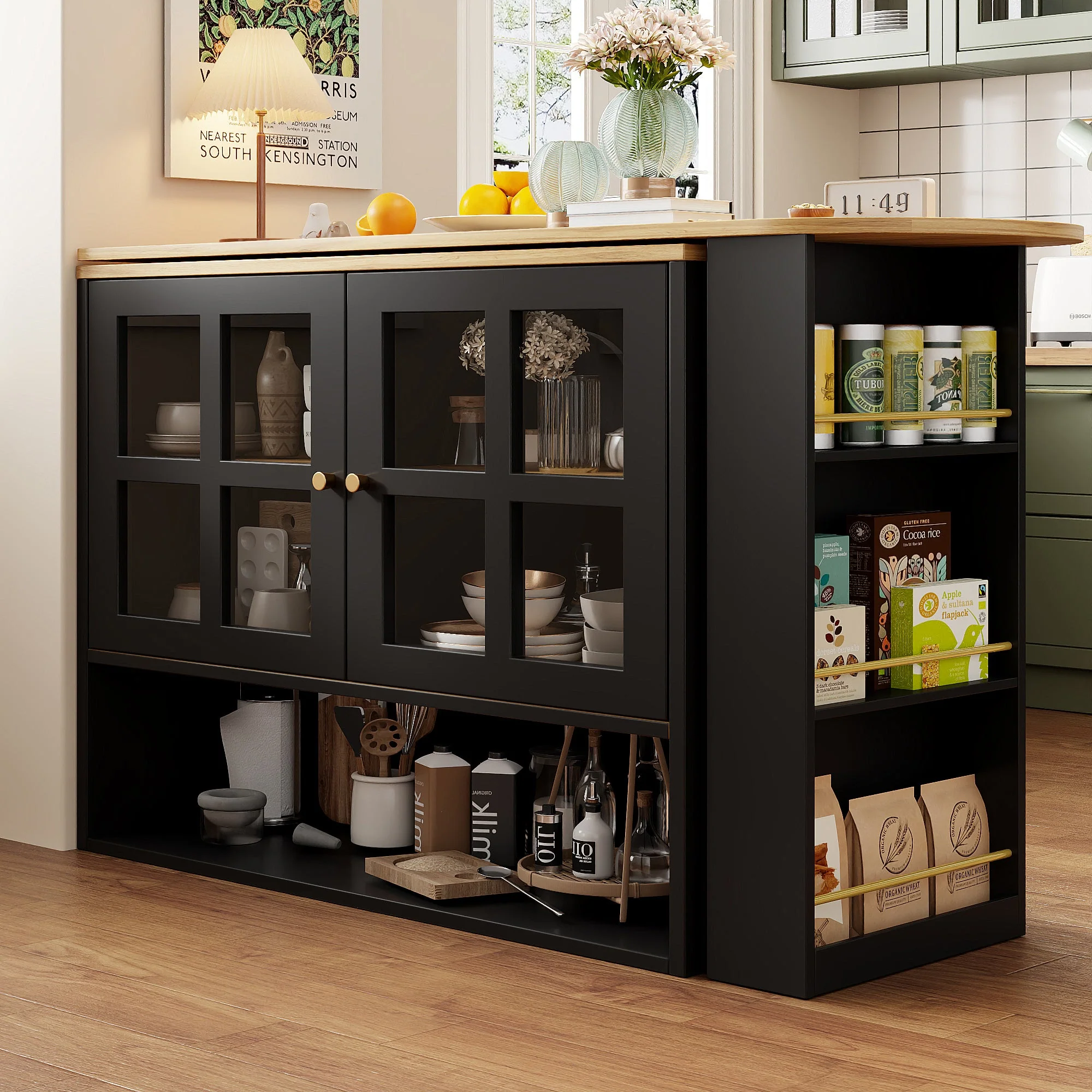 Dining Bar, 360° Rotating Multifunctional with 5 Shelves, Black - Image 4