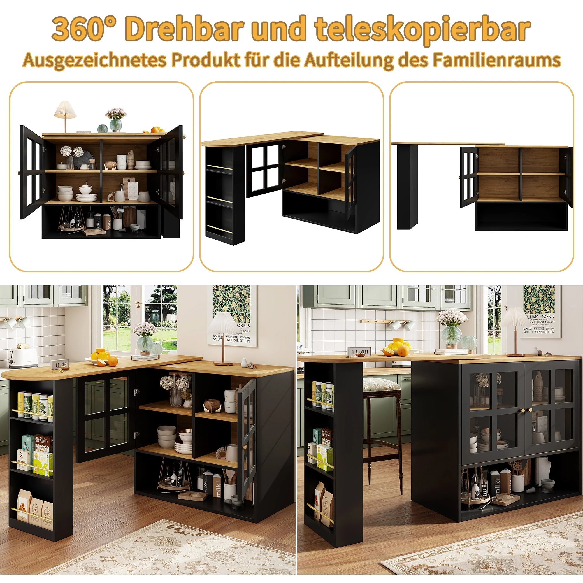 Dining Bar, 360° Rotating Multifunctional with 5 Shelves, Black - Image 7